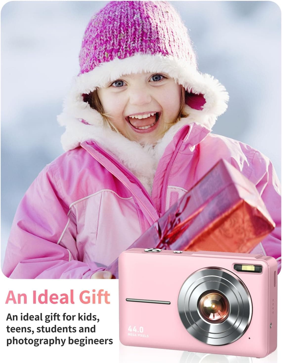Lecran Digital Camera, FHD 1080P Point and Shoot Camera for Kids Teens Pink | with 32GB Card, Filters 16X Zoom Anti-Shake Date Stamp, Compact Small Camera Christmas Birthday Gift for Boys Girls Starters