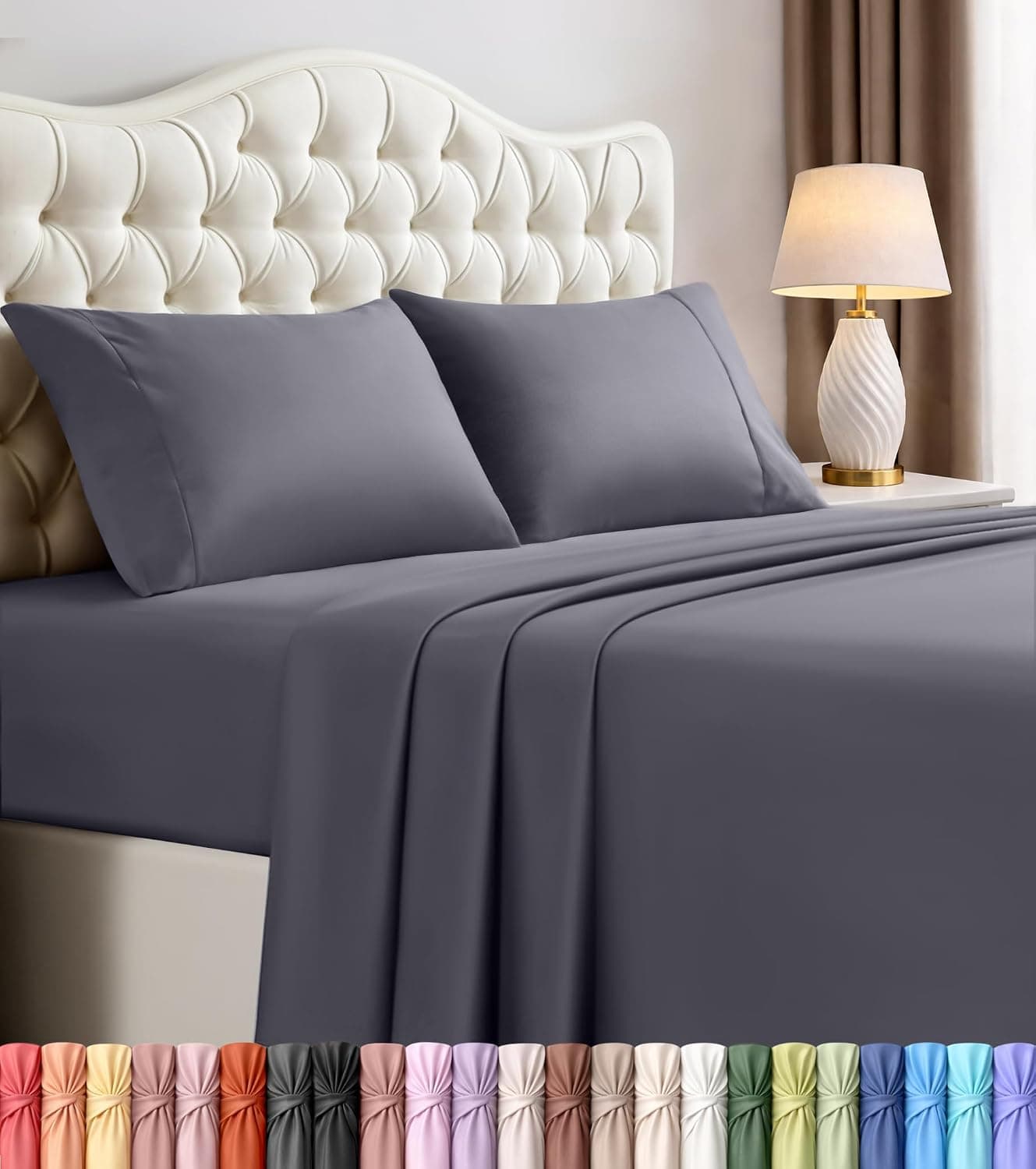 Queen Sheets Set, 4 Pieces 16" Deep Pocket Hotel Luxury Bed Sheets, Grey | Extra Soft Bedsheet Set, Comfy & Breathable Cooling Sheets, Wrinkle & Fade Resistant, Fitted Sheet, Flat Sheet, 2 Pillowcases