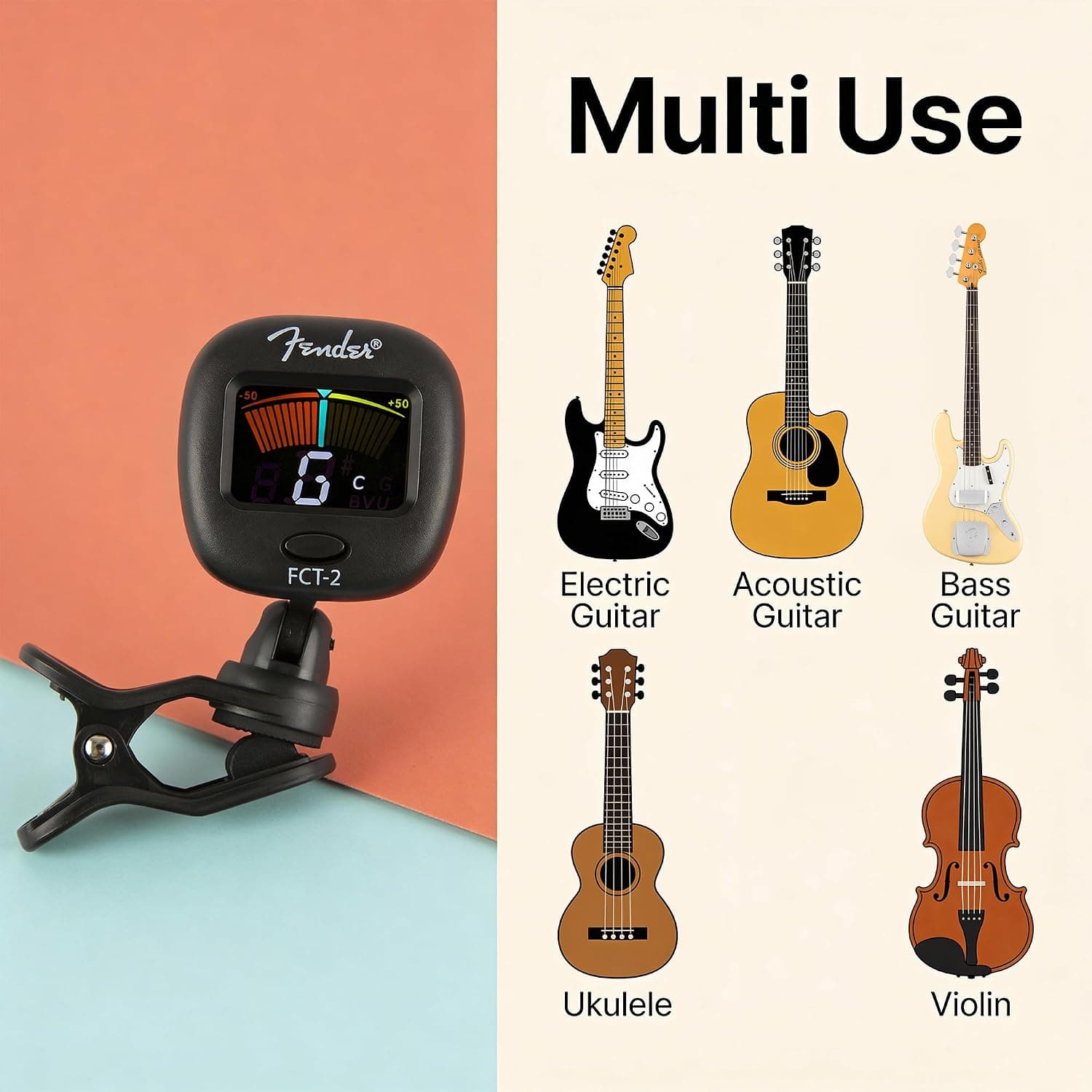 Fender FCT-2 Professional Multi-Instrument Clip-On Tuner for Guitar, Bass, Ukulele, and Violin