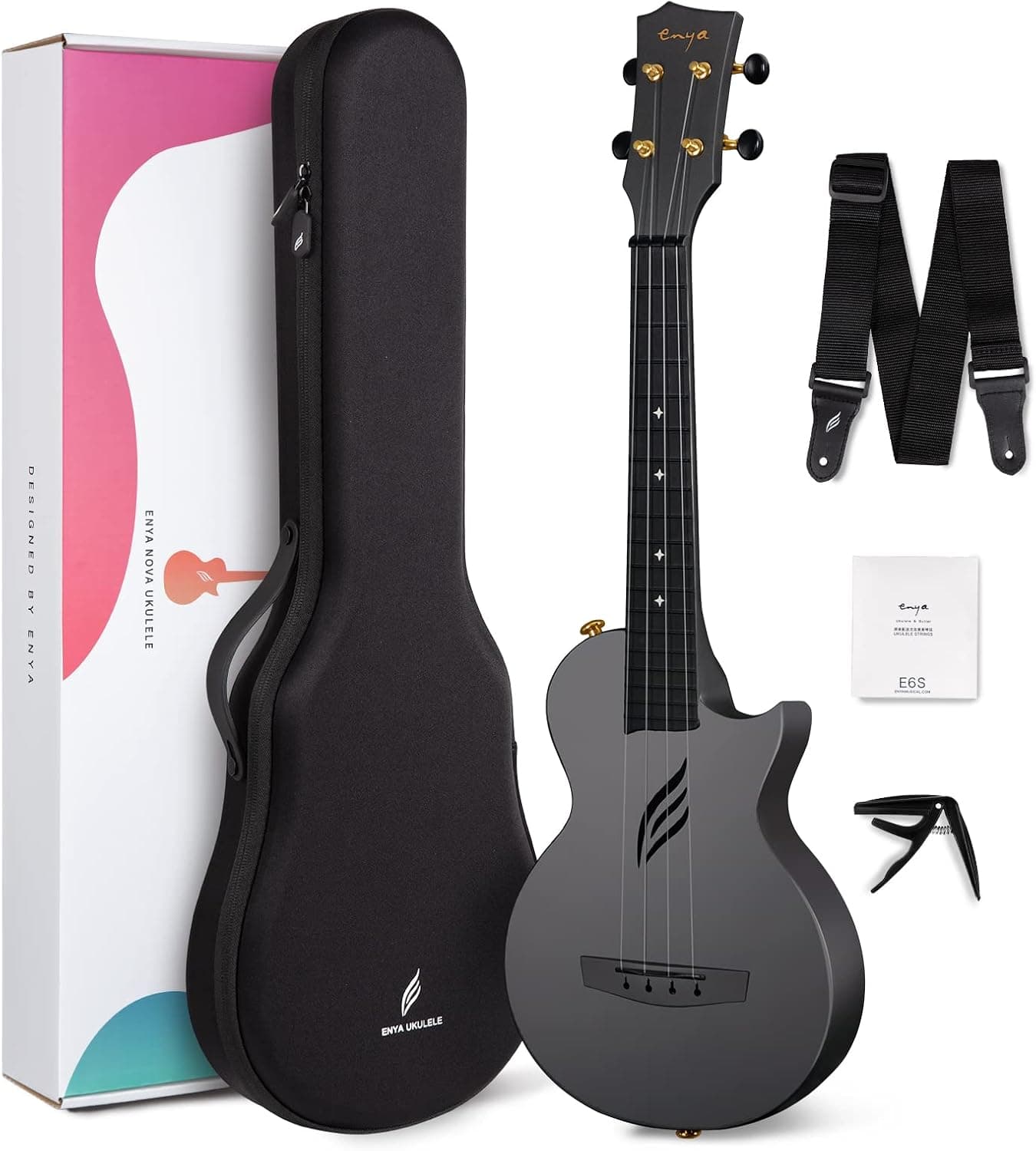Enya NOVA U 23-Inch Carbon Fiber Concert Travel Ukulele, Black | Waterproof Body, Resists Humidity, Heat and Cold, Lightweight 1.25 lb, for Adults and Beginners, Case, Strap, Capo, Strings