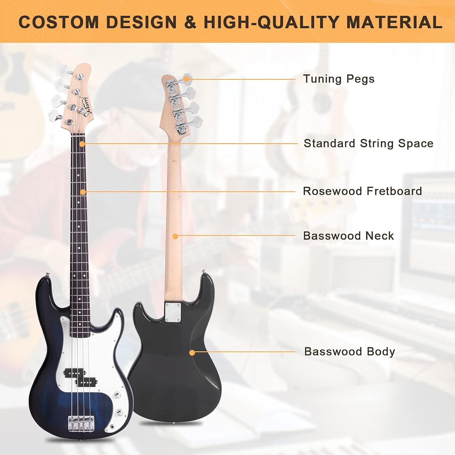 GLARRY Full Size Electric Bass Guitar Beginner Kit 4 String Exquisite Basswood Bass with 20W AMP, Cable, Strap, Bag and Accessories (Dark Blue, 39"Right Handed)