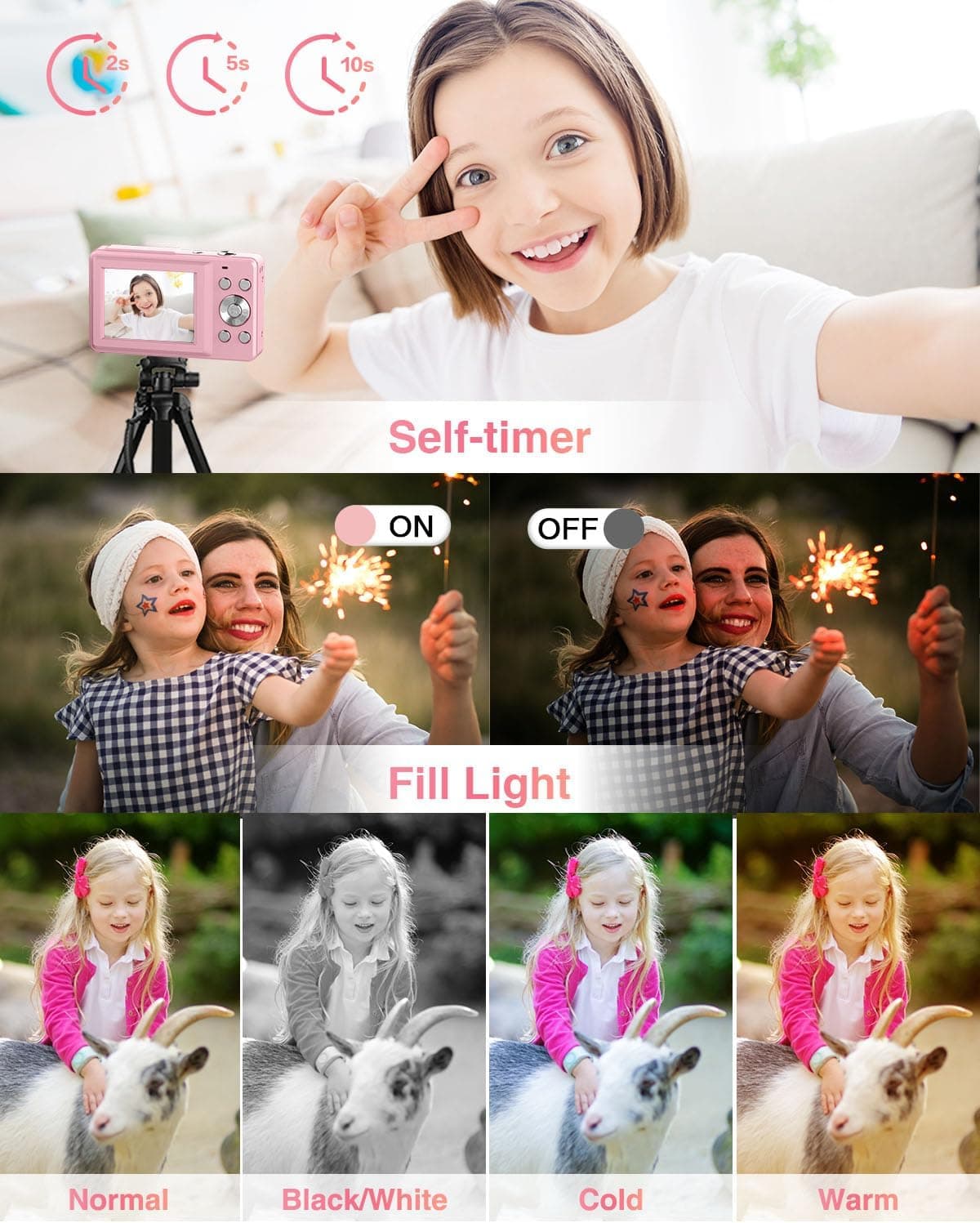 Lecran Digital Camera, FHD 1080P Point and Shoot Camera for Kids Teens Pink | with 32GB Card, Filters 16X Zoom Anti-Shake Date Stamp, Compact Small Camera Christmas Birthday Gift for Boys Girls Starters