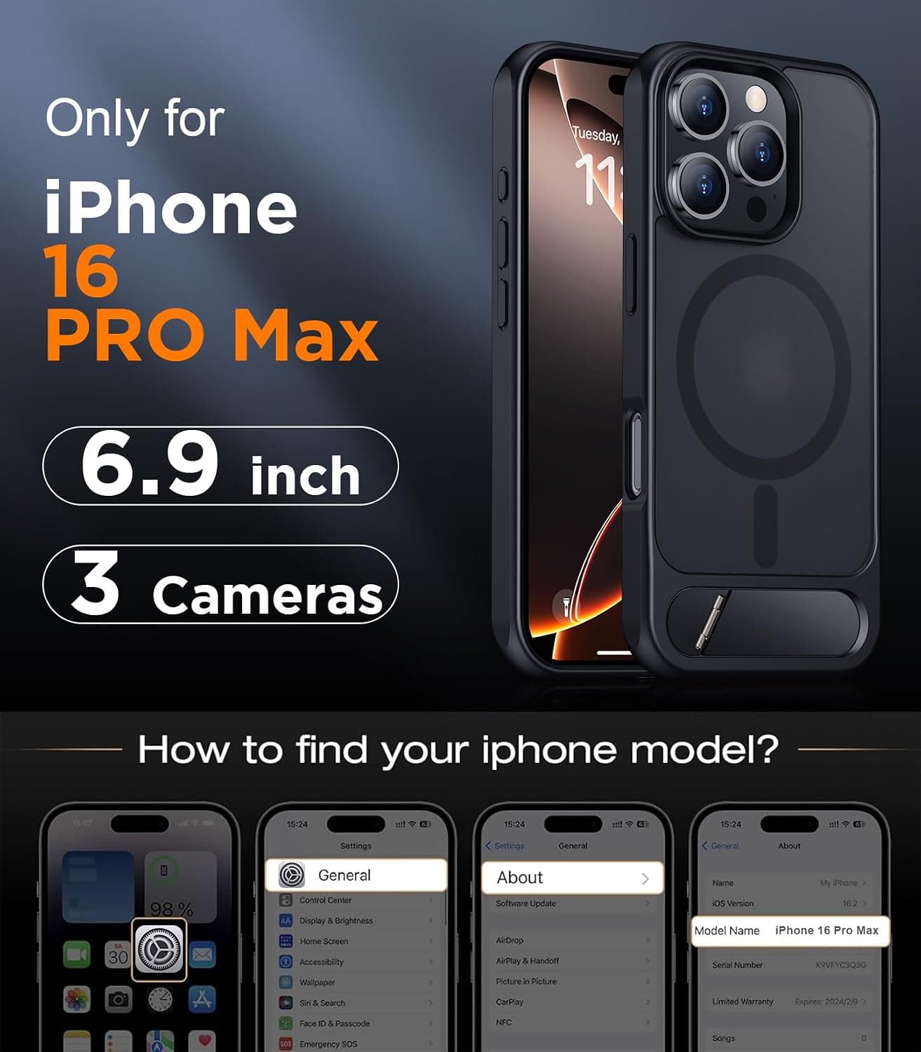 Magnetic Compatible with iPhone 16 Pro Max Case, [Built-in Invisible Kickstand][Compatible with MagSafe] [Military Grade Shockproof] Slim Translucent Matte Phone Case for iPhone 16 Pro Max 6.9"