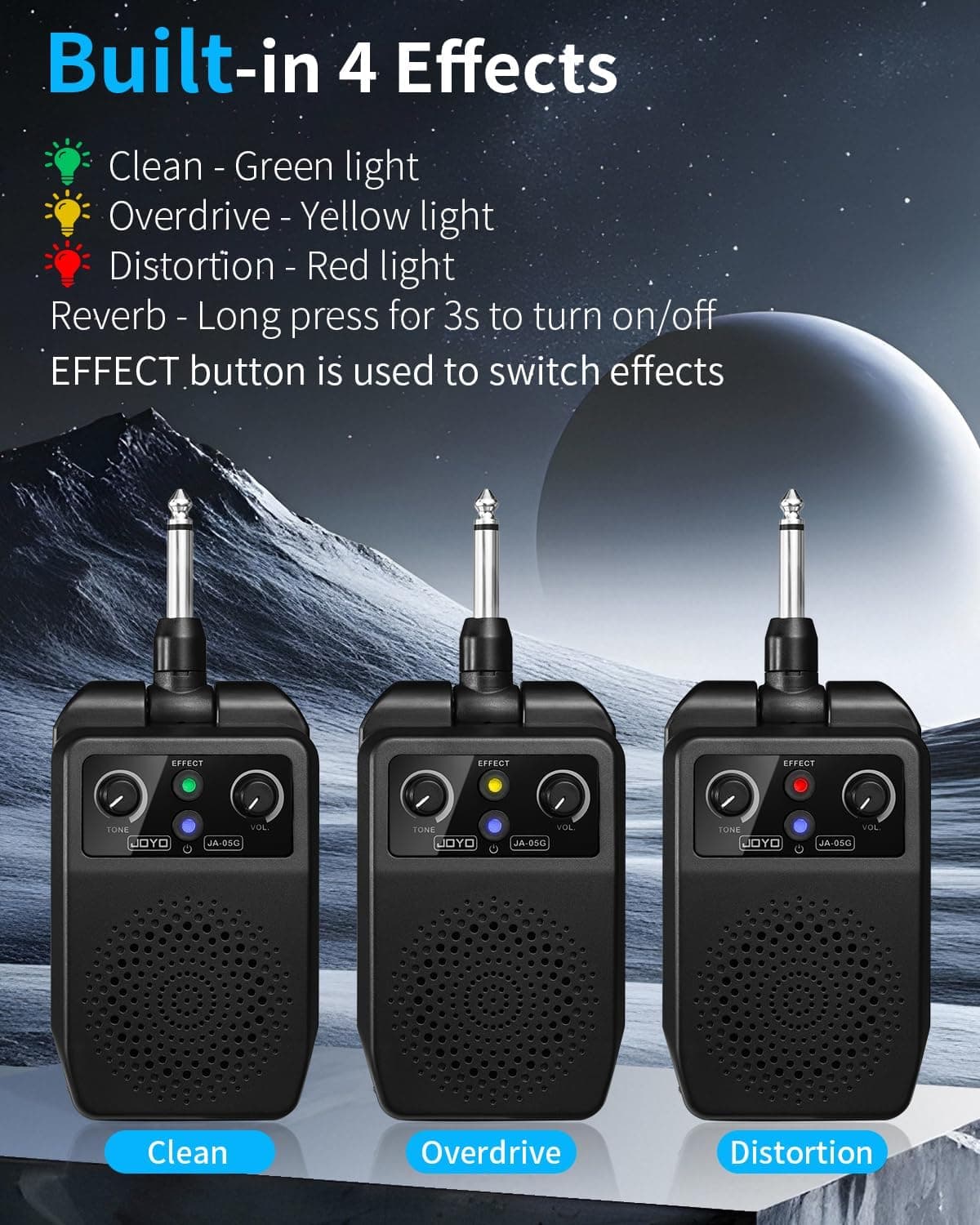 JOYO Mini Amp 5W Portable Plug in Practice Electric Amp Bluetooth Rechargeable Combo Guitar Amplifier Built-in 4 Effects Clean, Overdrive, Distortion, Reverb (JA-05G)