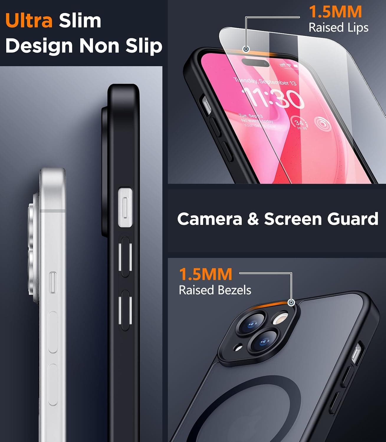 SPIDERCASE Magnetic for iPhone 15 Case, Black | Translucent Matte Case with 2PCS Tempered Glass Screen Protector Drop Protection Anti-scratched Slim Phone Case