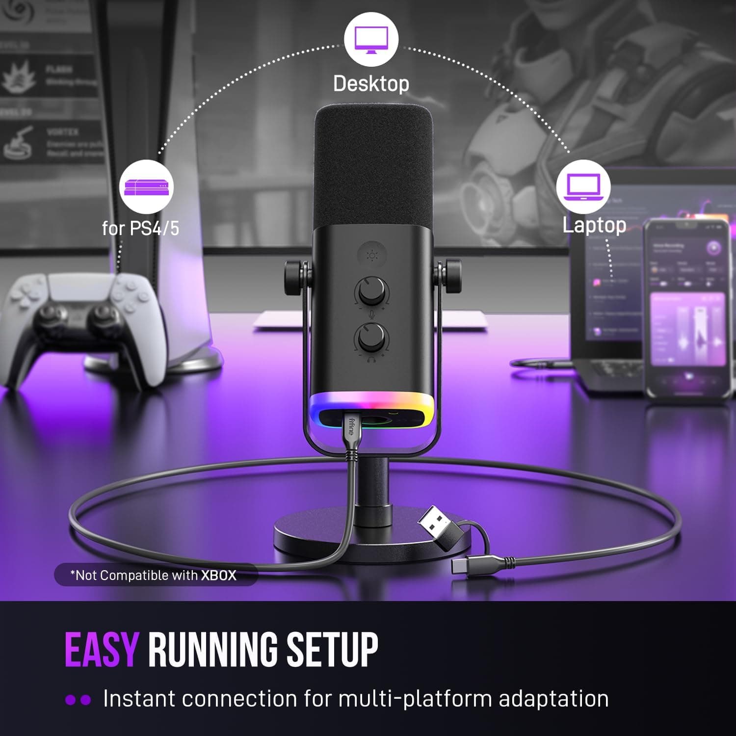 FIFINE AmpliGame AM8 USB/XLR Dynamic Microphone for Gaming Streaming | Podcast Mic with RGB Light, Mute Button, Headphones Jack, Desktop Stand, for Vocal Recording Singing YouTube