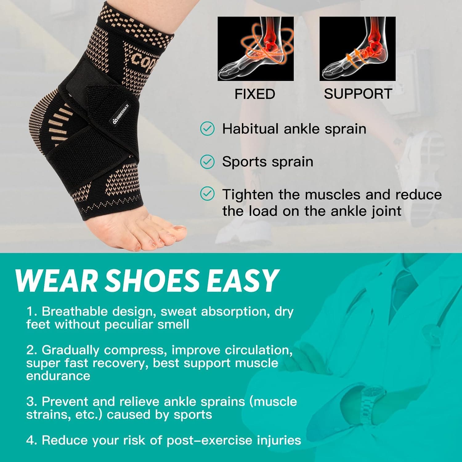 Ankle Brace for Women & Men, Ankle Compression Sleeve Support Copper Infused Ankle Brace for Sprained Ankle, Plantar Fasciitis Sports, Achilles Tendonitis Pain Relief, Copper Black, M