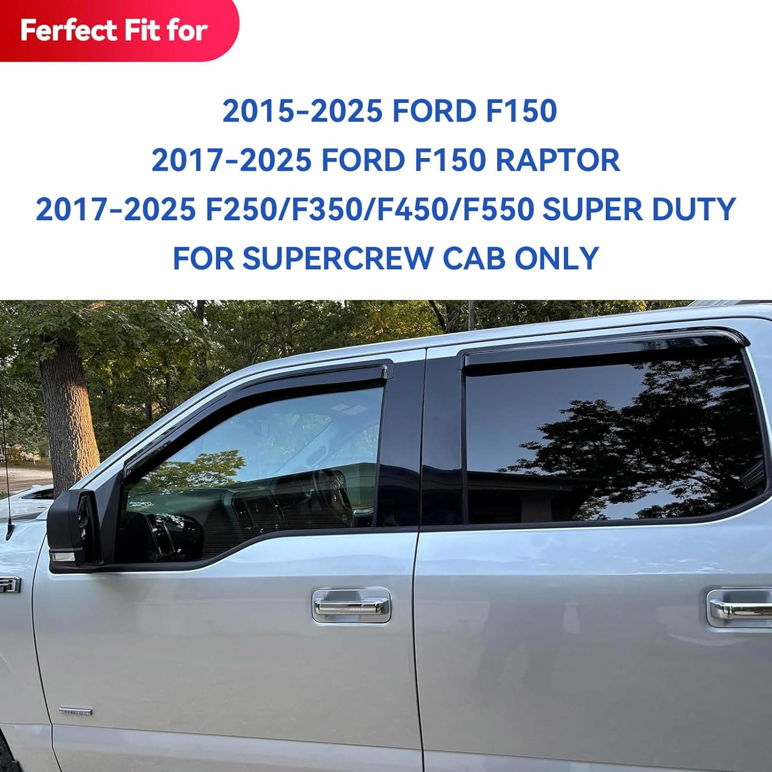 Window Visors Rain Guards for 2015-2026 Ford F150 Crew/SuperCrew Cab | Out-Channel Window Vent Wind Deflectors Visors Shades Protectors for 2017-2026 F250 F350 F450 F550 Super Duty & F-150 Raptor