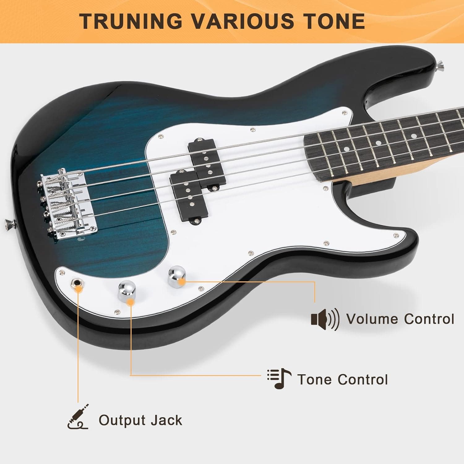 GLARRY Full Size Electric Bass Guitar Beginner Kit 4 String Exquisite Basswood Bass with 20W AMP, Cable, Strap, Bag and Accessories (Dark Blue, 39"Right Handed)