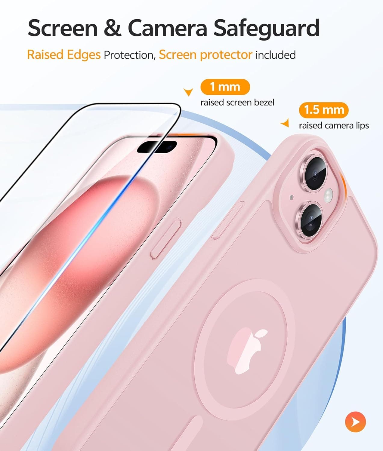 FNTCASE for iPhone 15/14/13 Case, Fit for Magsafe, Glass Screen Protector | Translucent Matte, Magnetic Phone Cases, 14FT Military Grade Drop Protection, Slim Shockproof Protective Cover, Light Pink