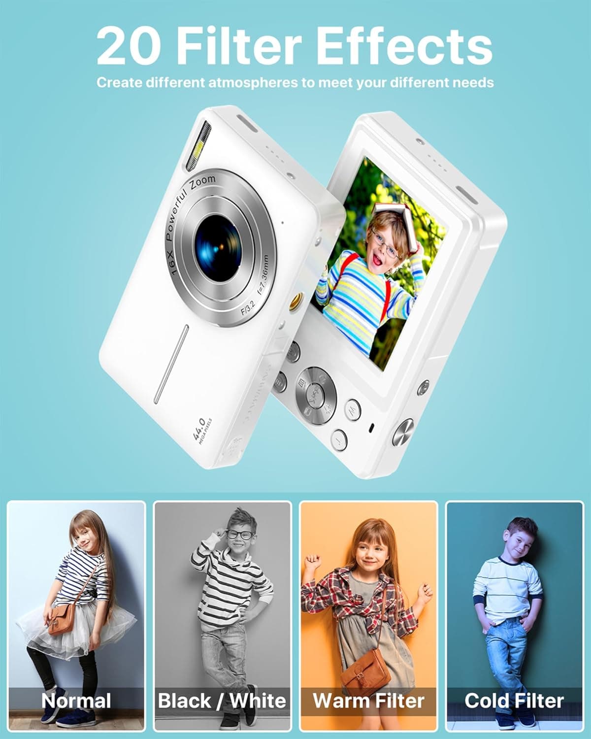 Digital Camera, Latest FHD 1080P Digital Camera for Teens with SD Card Anti Shake Point and Shoot Cameras Portable 16X Zoom Compact Small Cameras for Kids Boys Girls Seniors with Wrist Strap