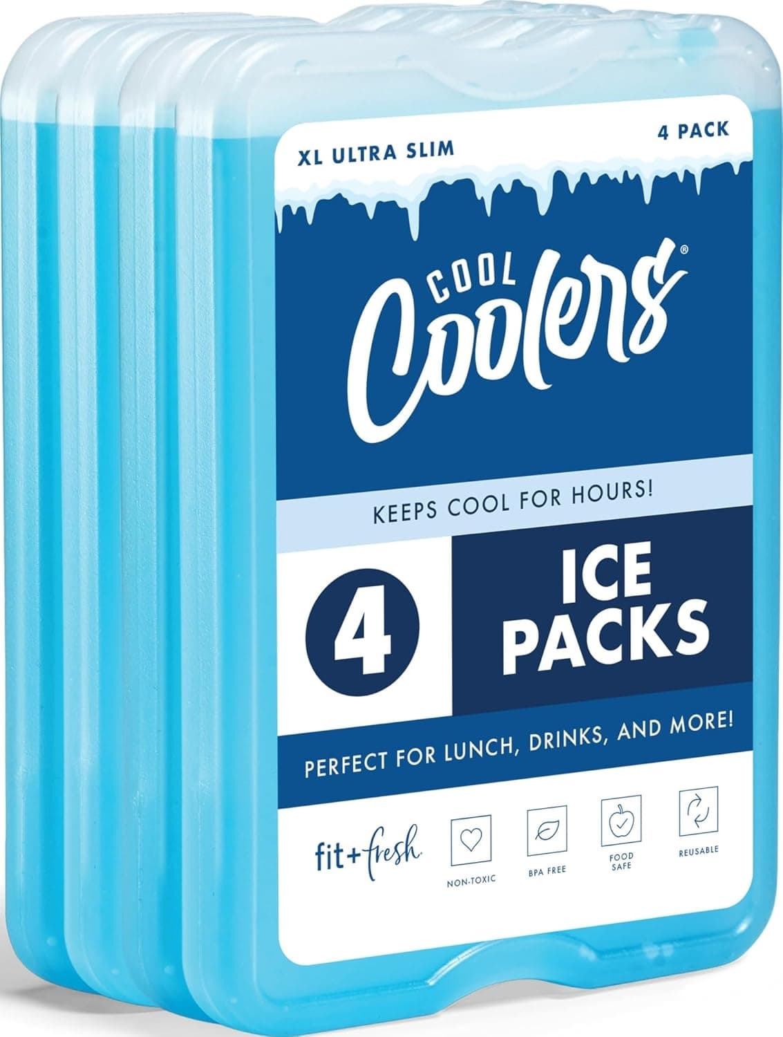Cool Coolers by Fit & Fresh 4 Pack XL Slim Ice Packs, Quick Freeze Space Saving Reusable Ice Packs for Lunch Boxes or Coolers