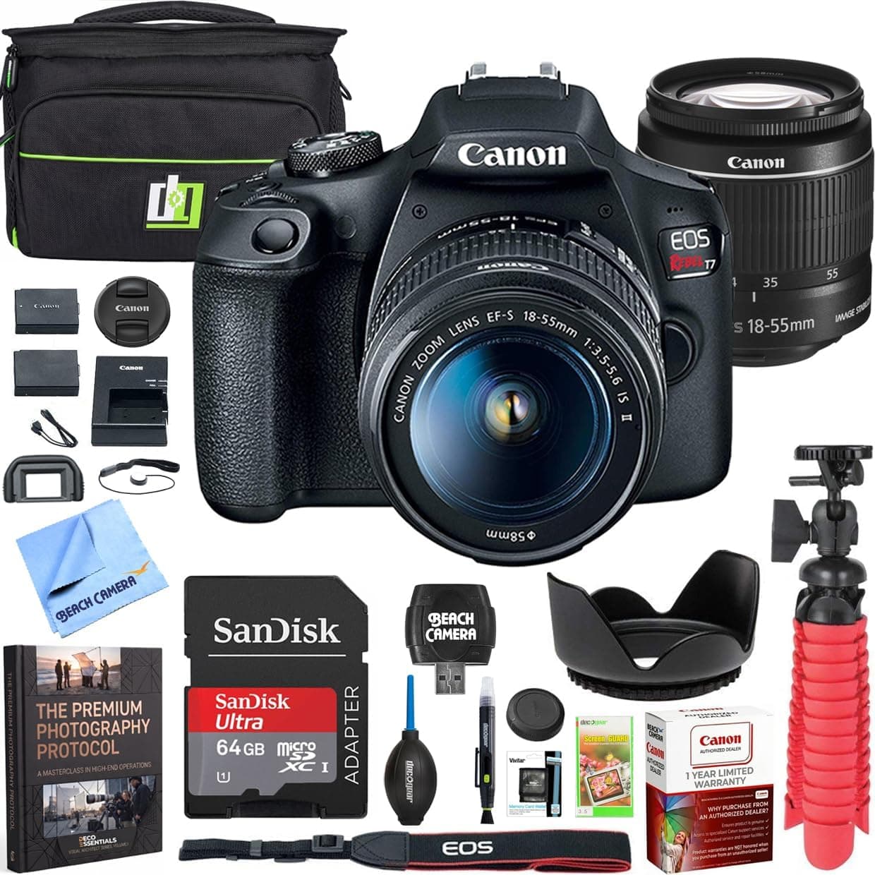 Canon EOS Rebel T7 DSLR Camera Bundle | USA Warranty with EF-S 18-55mm IS II Lens, 24.1MP, WiFi, Deco Gear Case, Double Battery, 64GB Card, Cleaning Kit &Mini Tripod