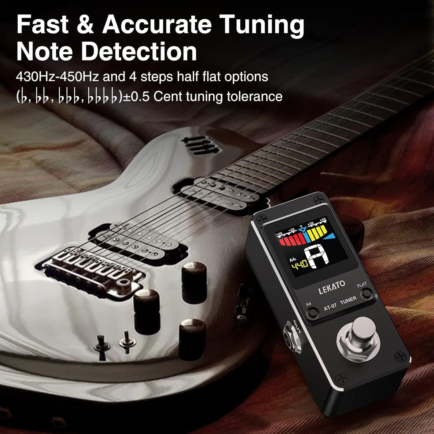 LEKATO Guitar Tuner Pedal with True Bypass, Chromatic Tuner Pedal for Electric Guitar and Bass, Color Display Tuning Pedal with Mute, Pitch and Flat Tuning