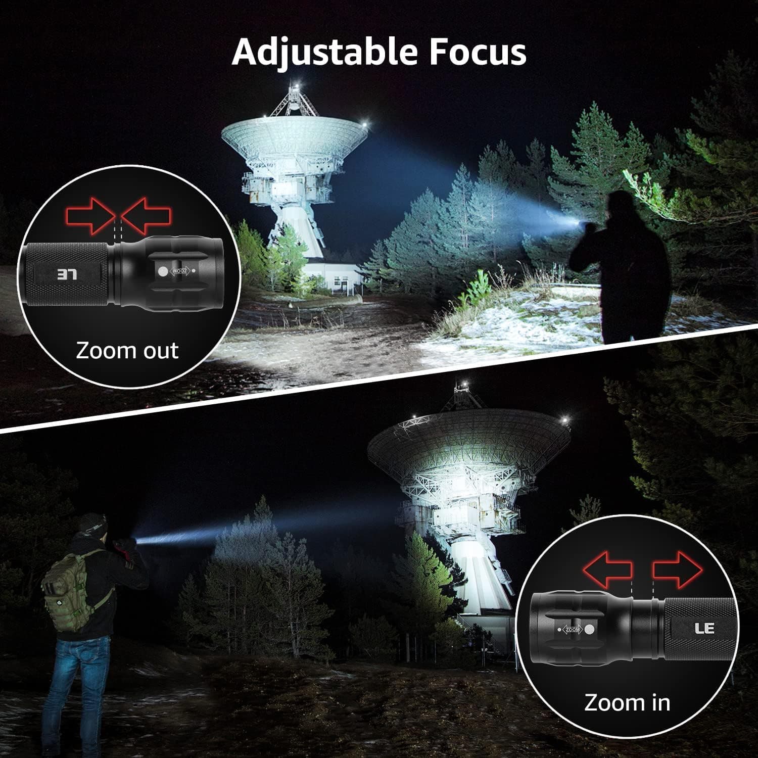 Lepro Lighting Ever LED Flashlight, High Lumens Waterproof Adjustable Focus | Small, lightweight. For outdoor, camping, emergency, tactical use. AAA batteries included. Adjustable zoom focus.
