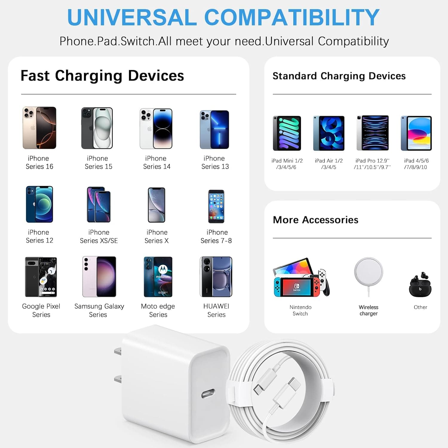 iPhone 17 16 15 Charger Fast Charging Type C Chargers USB C Charger Block | for iPhones, iPads,Tablets, Android phones,20W iPhone Charger USB-C Power Adapter,with Long 6FT USB-C Charging Cables