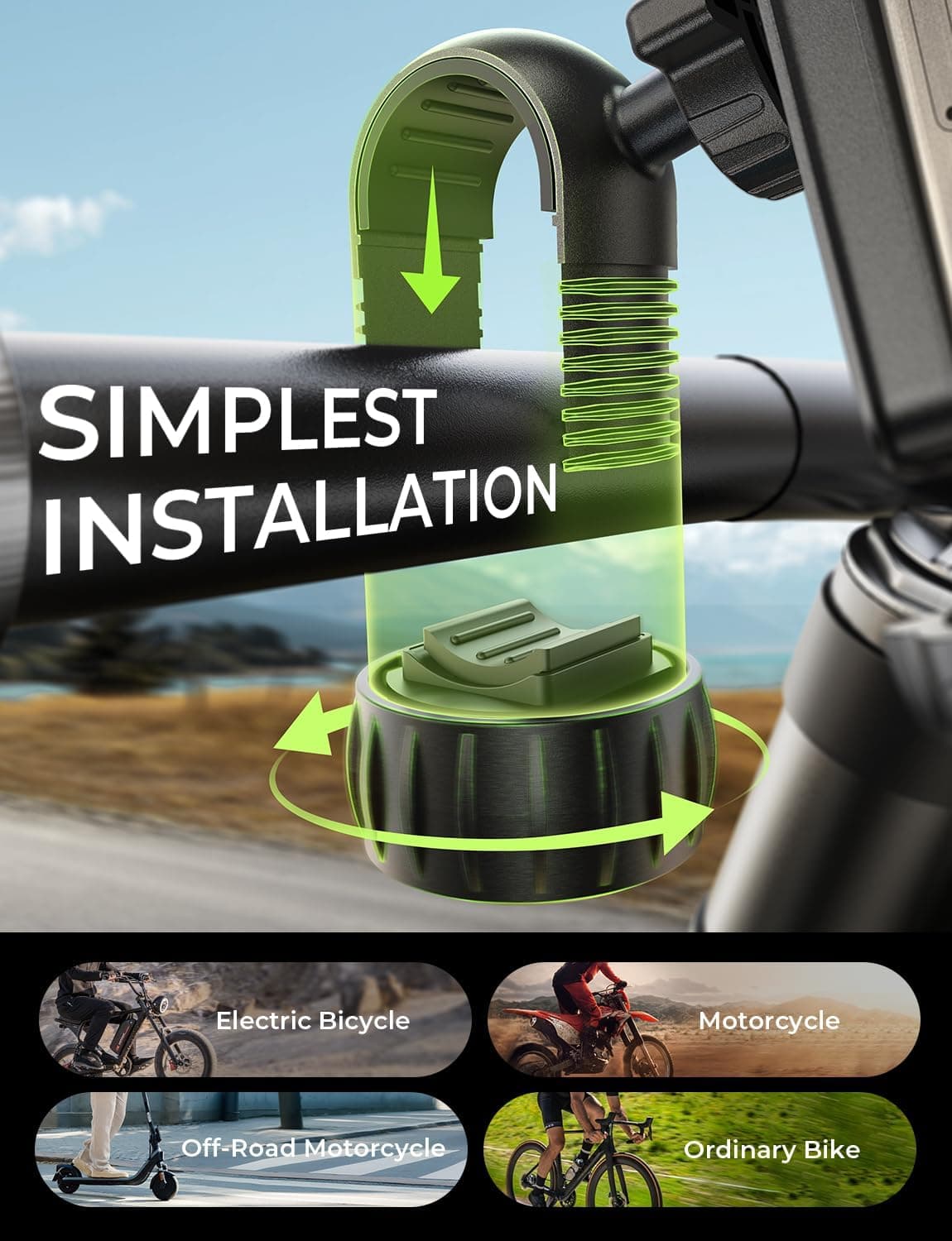 LISEN Bike Phone Holder, [Super Easy Install] Motorcycle Phone Mount Ebike Accessories Bicycle Handlebar Holder Mount Gifts for Adults Kids Men Mountain Mini Bike Scooter Gear Accessories, Black