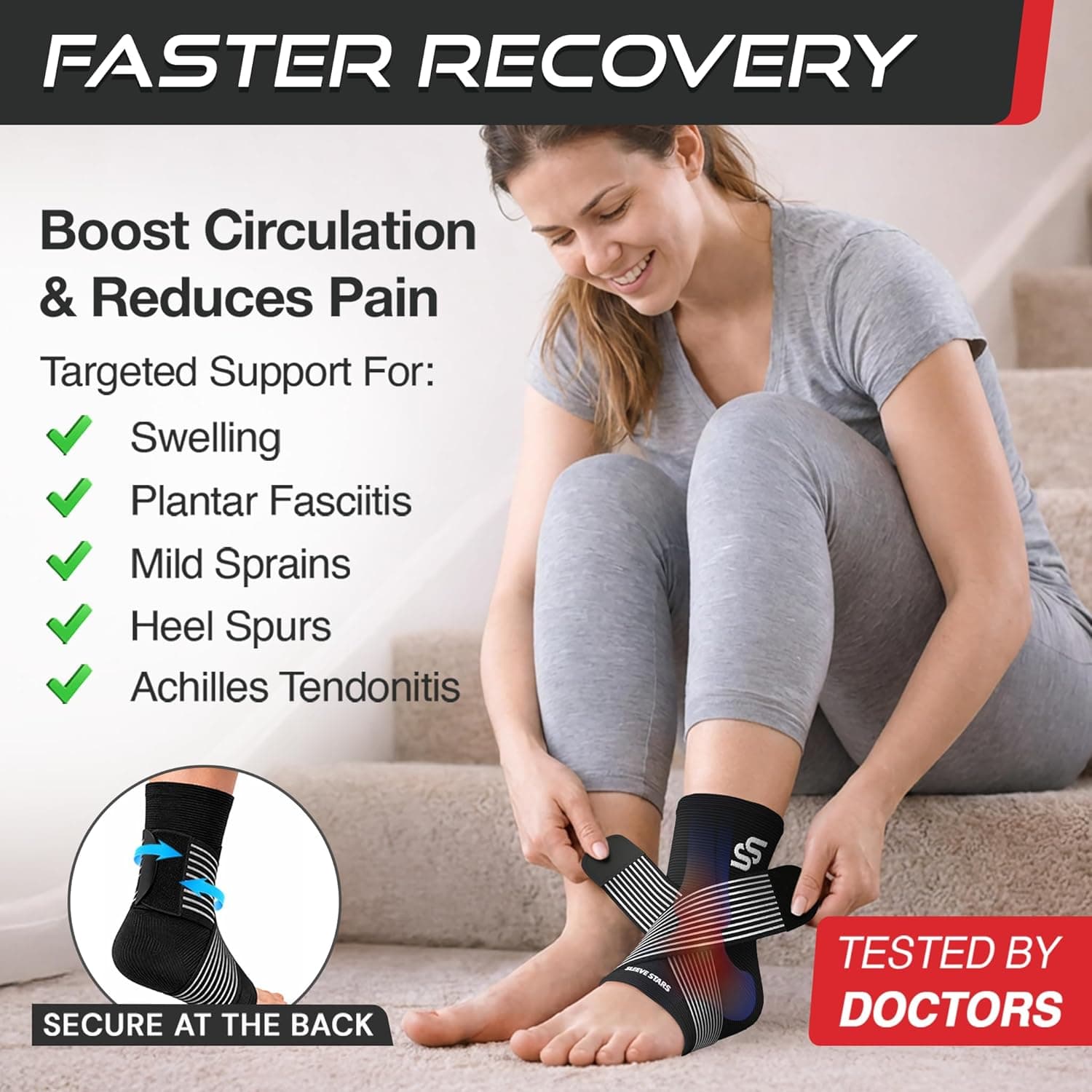 Sleeve Stars Ankle Brace for Women & Men, Ankle Wrap for Sprain, Compression Sleeve for Plantar Fasciitis Relief, Easy Customizable Support: w/ Removable Strap (Single/M:10"-12"/Black)
