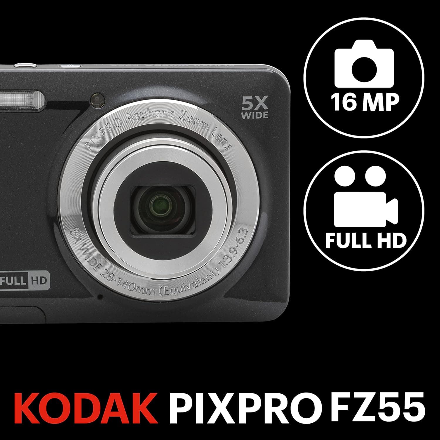 KODAK PIXPRO FZ55 16MP Compact Digital Camera, 5X Optical Zoom, Black | 1080p Full HD Video, 28mm Wide Angle Lens, 2.7 Inch LCD, Point and Shoot, Vlogging Camera, Li-Ion Battery