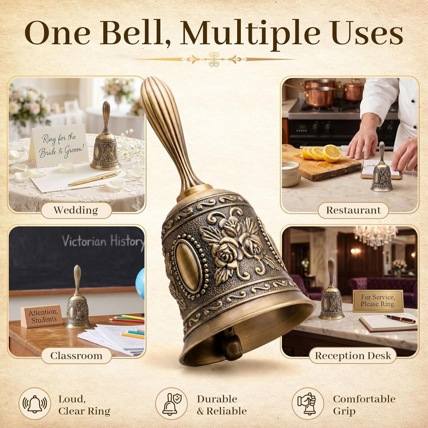 DomeStar Vintage Brass Hand Bell – Loud Call Bell for Bedside, Dinner, Wedding, Christmas & Holiday Party | Dinner, Christmas & Holiday Party