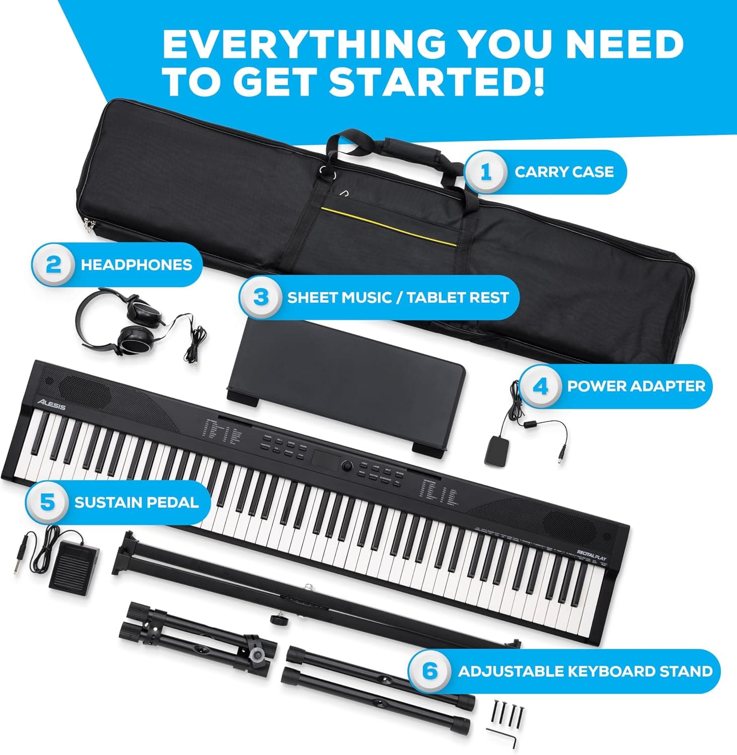 Alesis Recital Play 88-Key Piano Keyboard Bundle | Portable, 480 Voices, Split/Layer Modes, Includes Lessons, Stand, Sustain Pedal, Headphones, Carry Bag, for Beginners