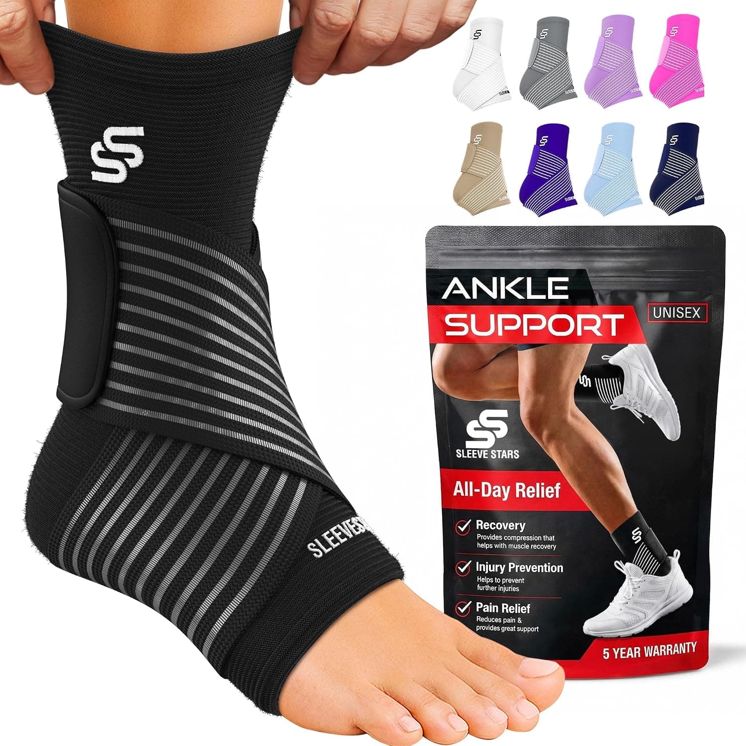 Sleeve Stars Ankle Brace for Women & Men, Ankle Wrap for Sprain, Compression Sleeve for Plantar Fasciitis Relief, Easy Customizable Support: w/ Removable Strap (Single/M:10"-12"/Black)