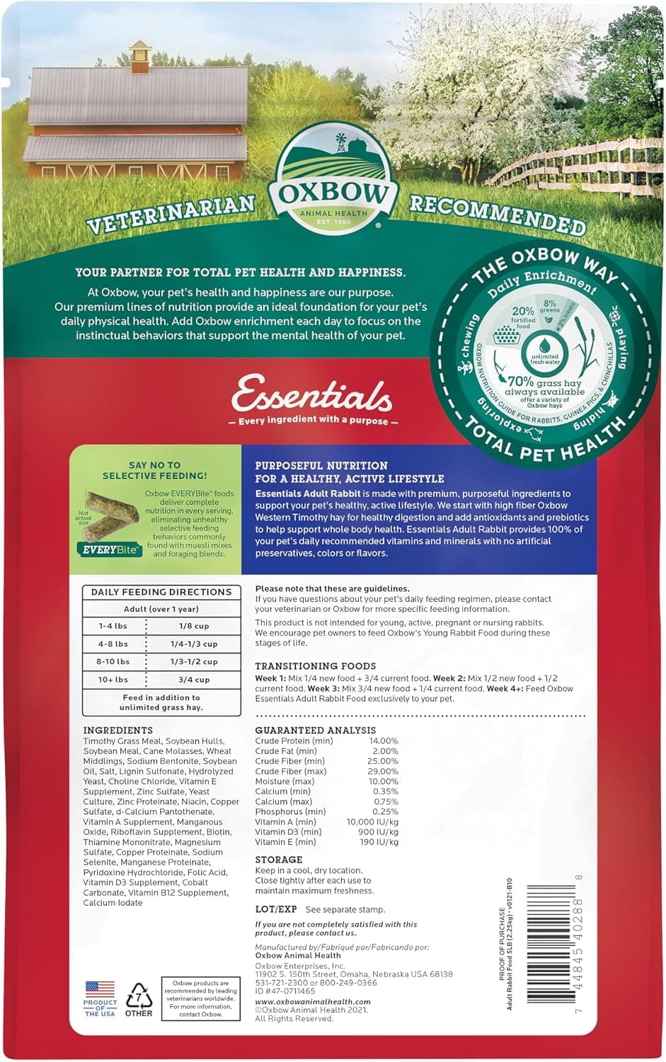 Oxbow Essentials Adult Rabbit Food, Timothy Hay Rabbit Pellets, USA, 5 lb