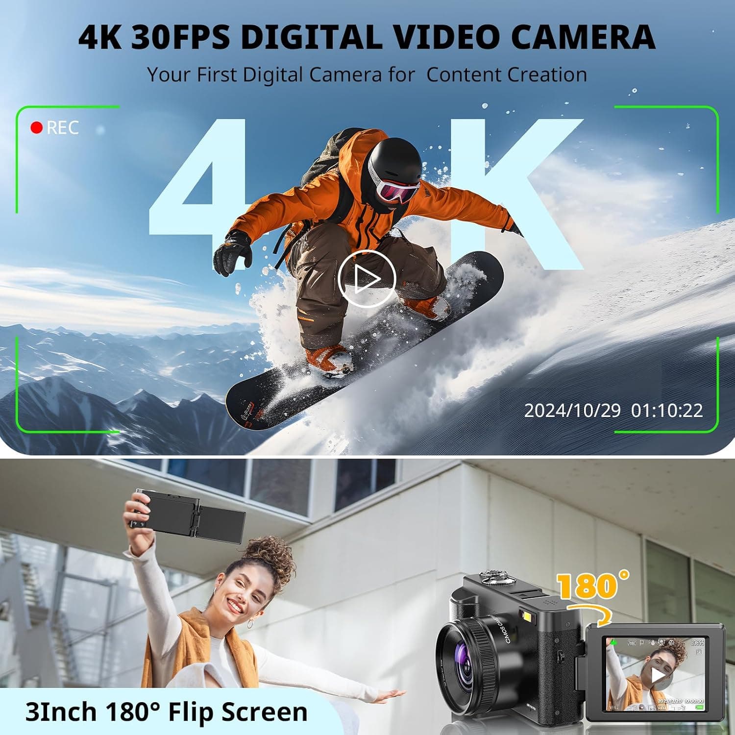 4K Digital Camera for Photography Autofocus, 2026 Latest 48MP Vlogging Camera for YouTube with SD Card, 2 Batteries, 3" 180°Flip Screen Compact Travel Camera for Teens with 16X Zoom,Black