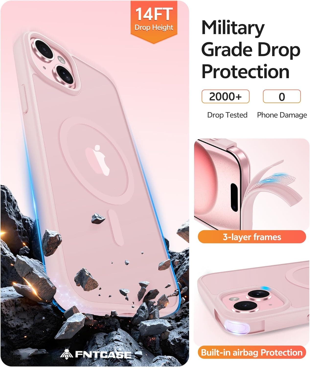 FNTCASE for iPhone 15/14/13 Case, Fit for Magsafe, Glass Screen Protector | Translucent Matte, Magnetic Phone Cases, 14FT Military Grade Drop Protection, Slim Shockproof Protective Cover, Light Pink