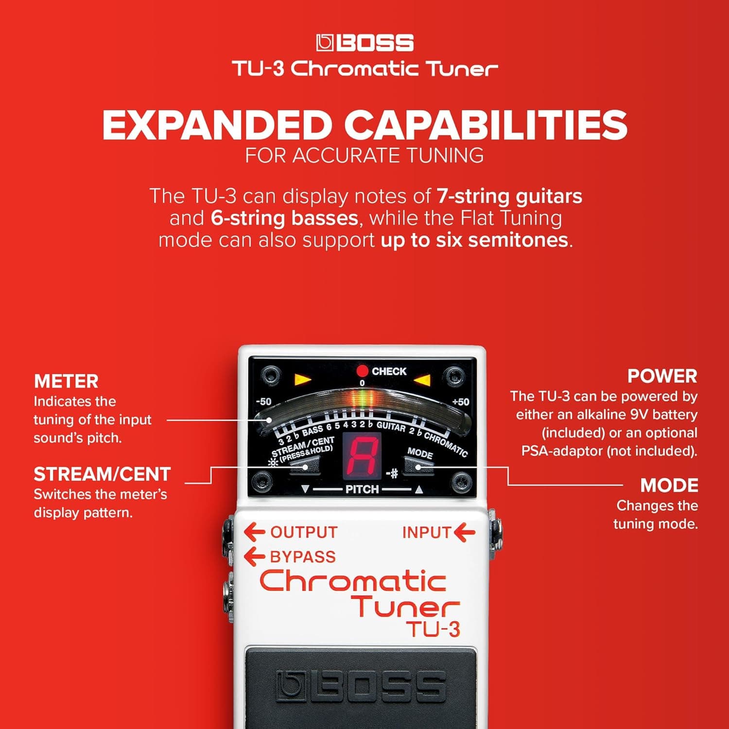 BOSS TU-3 Compact Chromatic Tuner | Perfect for Guitar & Bass | Industry-Standard Performance | Tank-Tough BOSS Stompbox Body | 21-Segment LED Meter | Accu-Pitch Sign Function | Industry-Standard Performance, Tank-Tough BOSS Stompbox Body, 21-Segment LED Meter, Accu-Pitch Sign Function