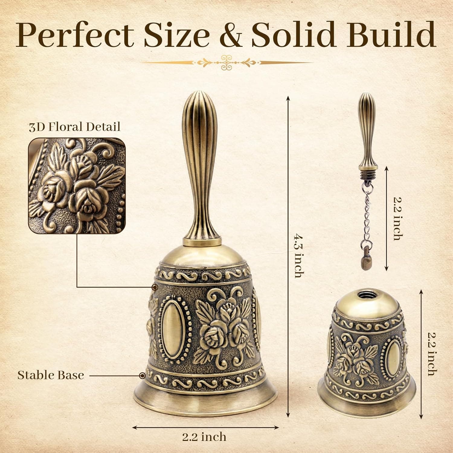 DomeStar Vintage Brass Hand Bell – Loud Call Bell for Bedside, Dinner, Wedding, Christmas & Holiday Party | Dinner, Christmas & Holiday Party