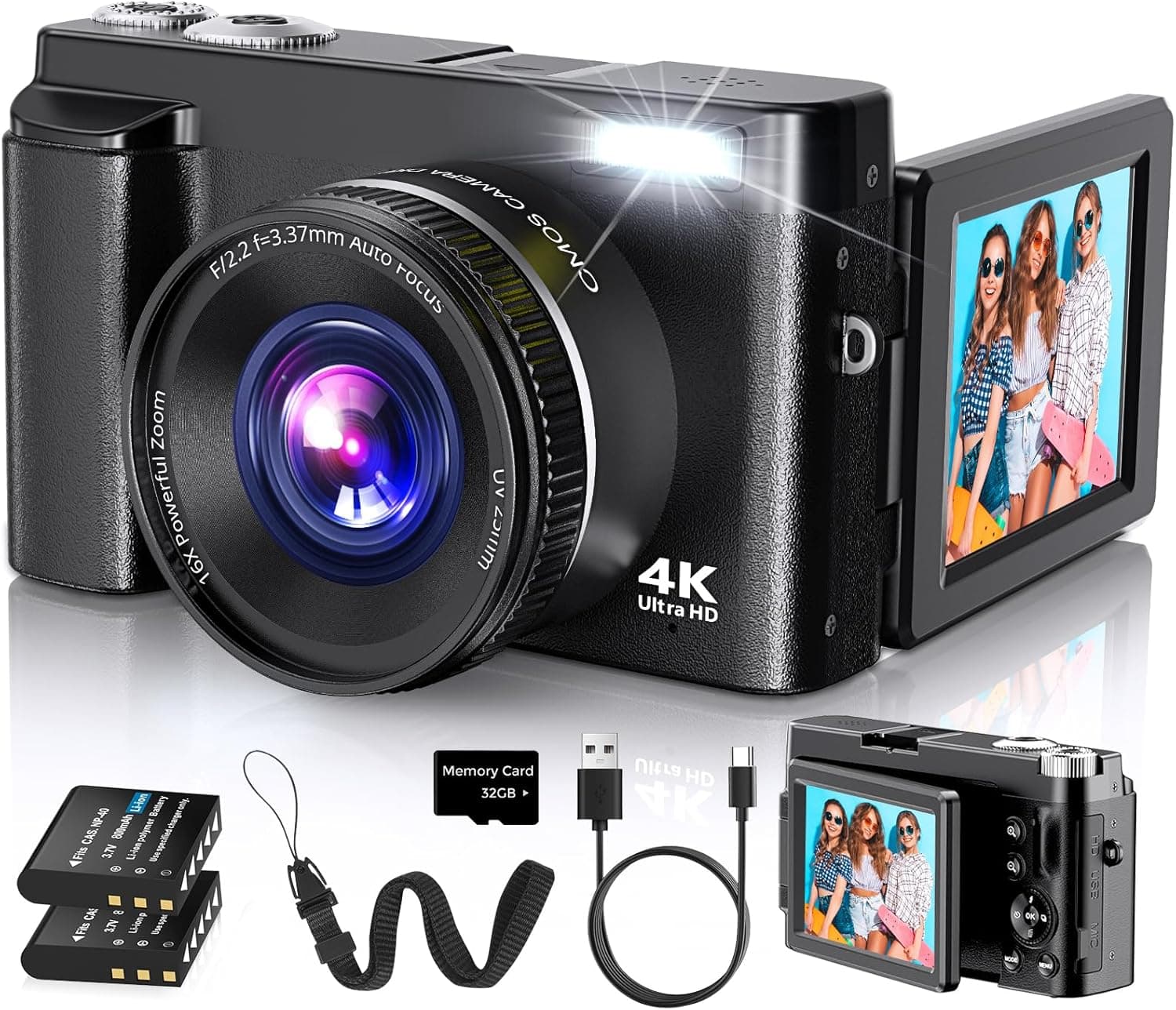 4K Digital Camera for Photography Autofocus, 2026 Latest 48MP Vlogging Camera for YouTube with SD Card, 2 Batteries, 3" 180°Flip Screen Compact Travel Camera for Teens with 16X Zoom,Black