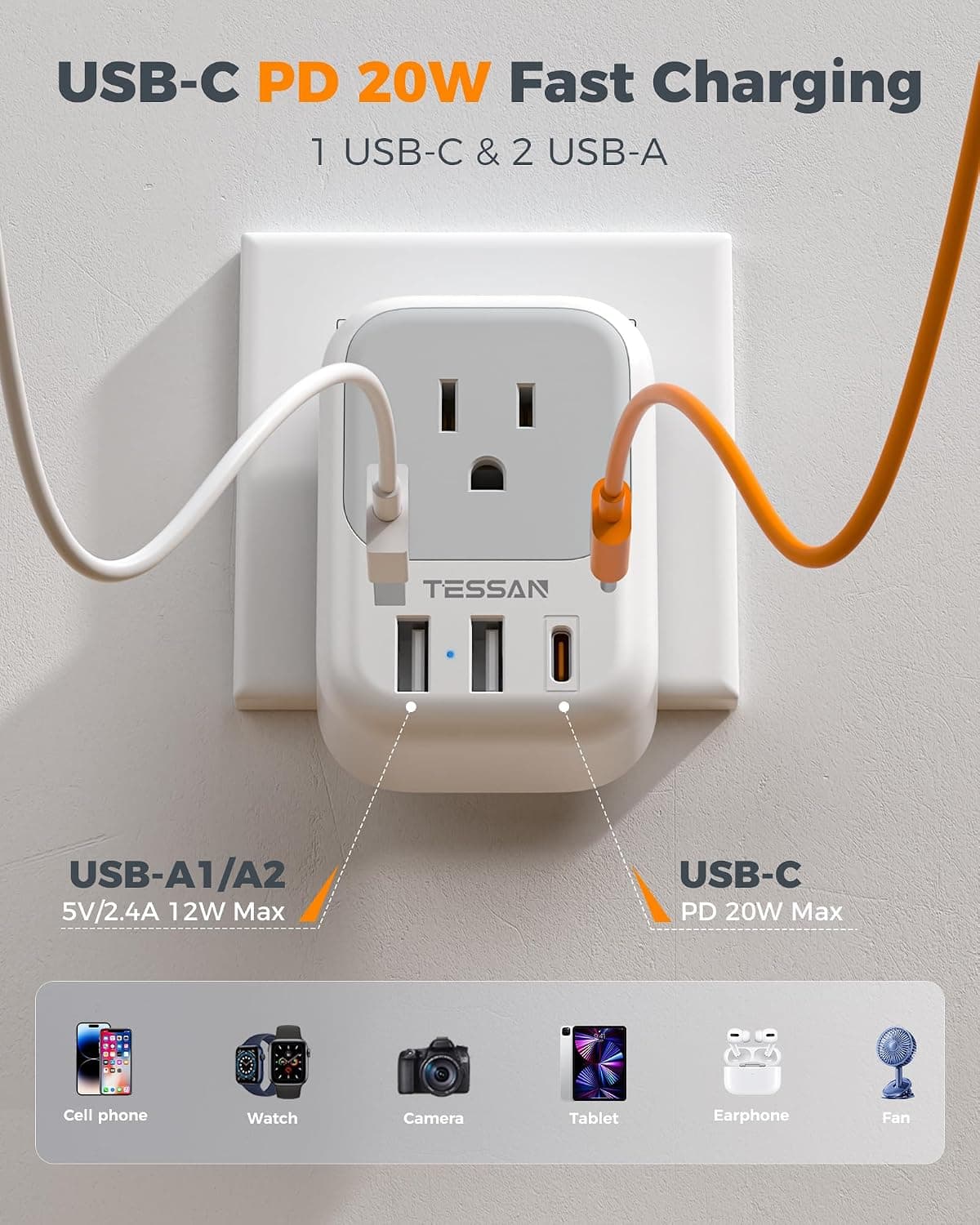 TESSAN 2 Pack European Travel Plug Adapter, Europe Power Converter | 4 Outlets 3 USB (1 USB C PD 20W), Type C International Plug, For Italy Spain France Portugal Iceland Germany