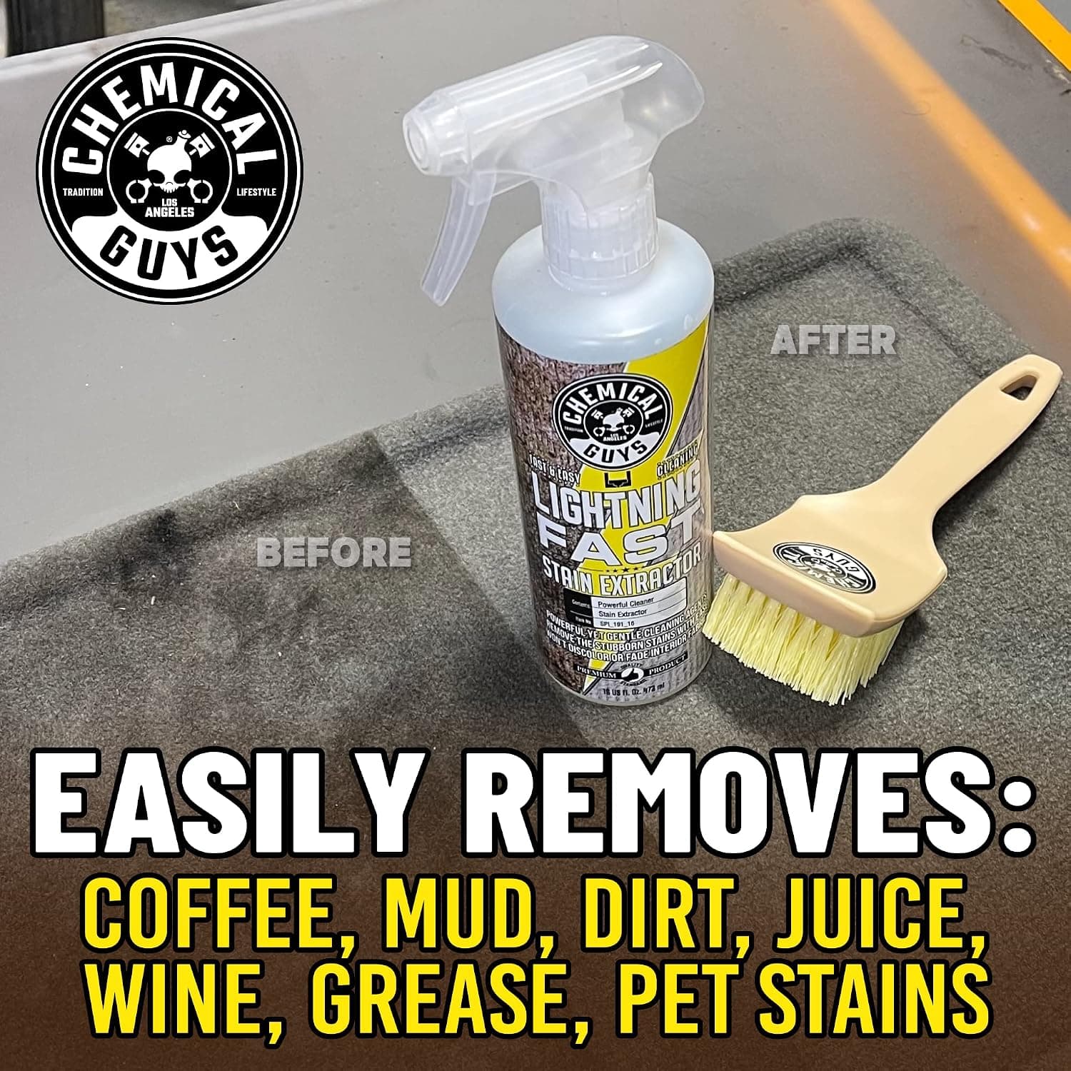 Chemical Guys, Lightning Fast Carpet & Upholstery Stain Extractor, 16 oz | Tackles coffee, soda, wine and pet messes on carpet, seats and mats, just spray, agitate and blot for a clean look.