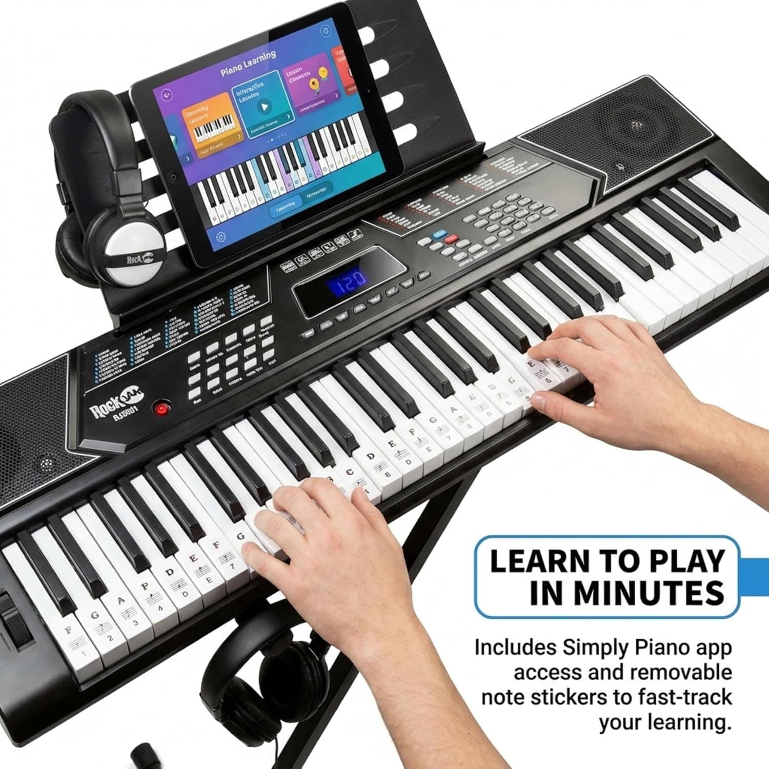 RockJam RJ5061 61 Key Keyboard Piano Kit with Stand, Bench & Headphones | Beginner electric keyboard piano set with pitch bend, LED panel, Simply Piano lessons and note stickers, all included