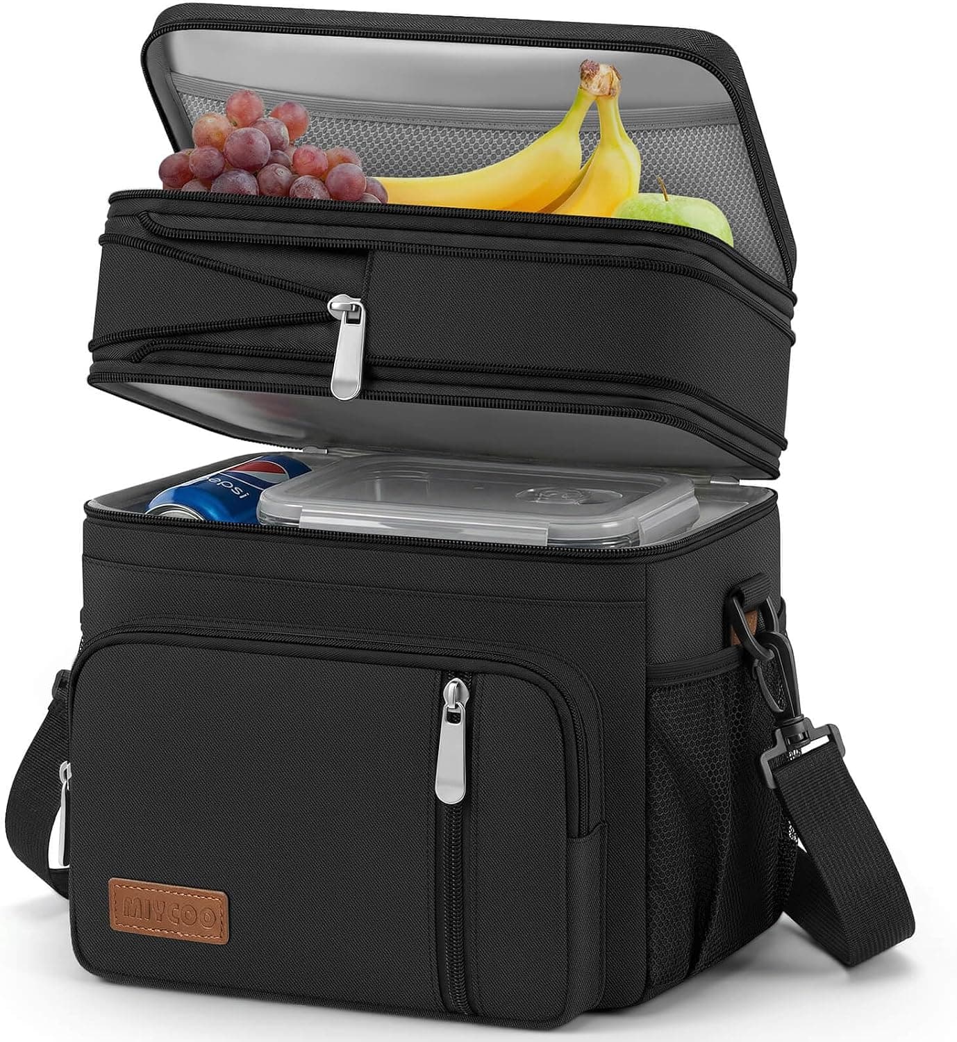 MIYCOO Lunch Bag & Lunch Box for Men Women, Double Deck & Leakproof | Insulated Soft Large Adult Camping Cooler bag for Work, Beach, Picnic, Travel (Black, 15L)