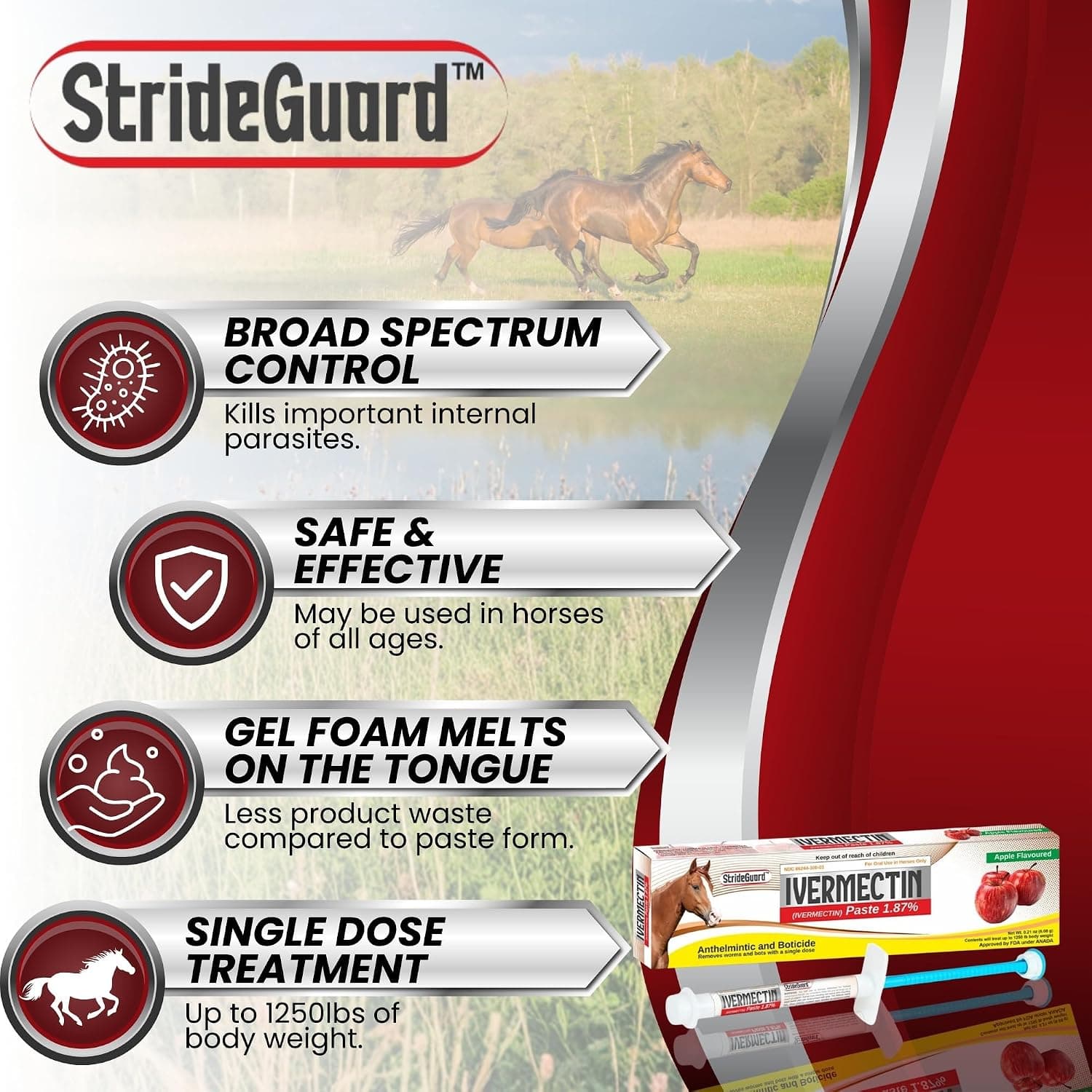Horse Ivermectin Paste 1.87% – Apple Flavored Oral Horse Dewormer Syringe – 6.08g Tube Treats Horses Up to 1,250 lbs [Pack-1]