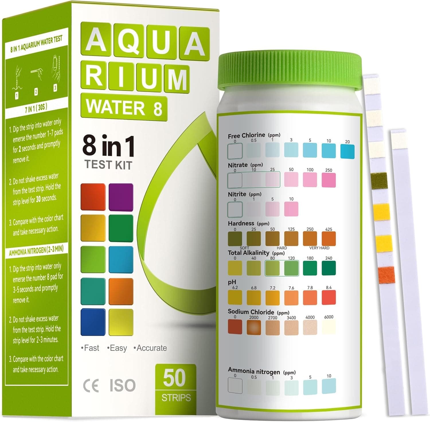 AAwipes 8-in-1 Aquarium Test Kit for Fish Tanks - Quick & Accurate Water Testing Strips for Aquariums & Ponds. Tests pH, Ammonia, Alkalinity, Hardness, Chlorine, etc. (K02-50)