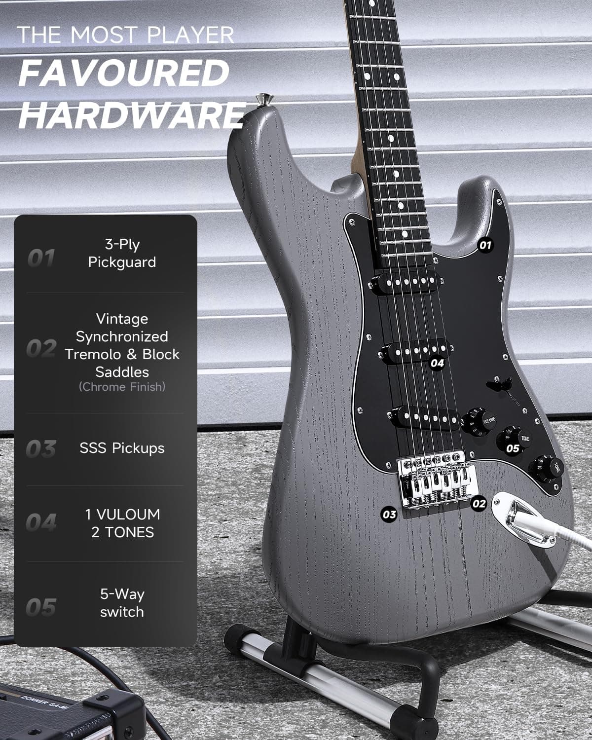 DONNER DST-80 Electric Guitar 39” Beginner Electric Guitar Kit with Amp, Classic SSS Pickup Complete with Gig Bag, Tuner, Capo, Strap, Picks, and Free Online Lessons