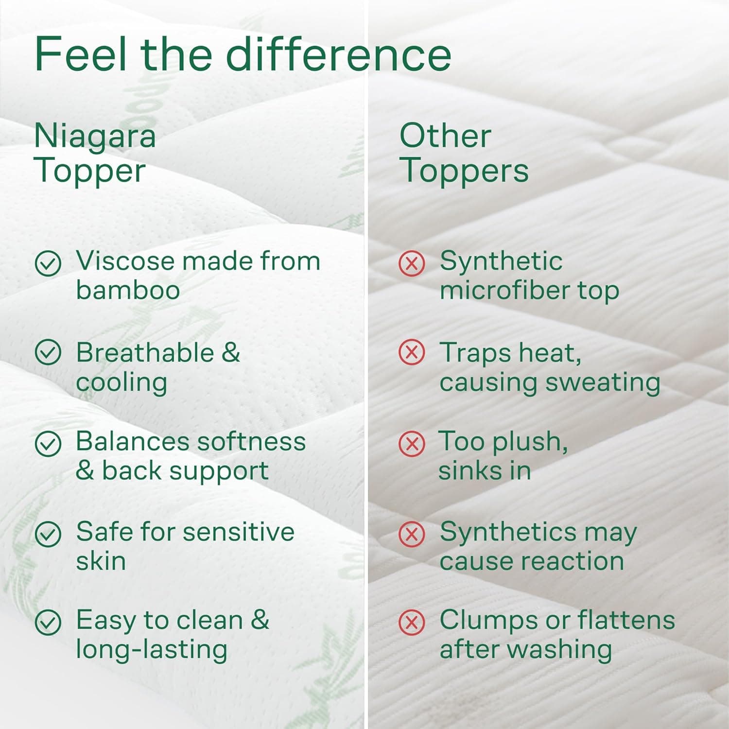 Niagara Sleep Solution Ultra Soft & Cooling Mattress Topper - Queen Size | Rayon Derived from Bamboo, Pillow Top Mattress Pad, 20" Deep Pocket, Back Pain Relief, Perfect for Hot Sleepers, Green
