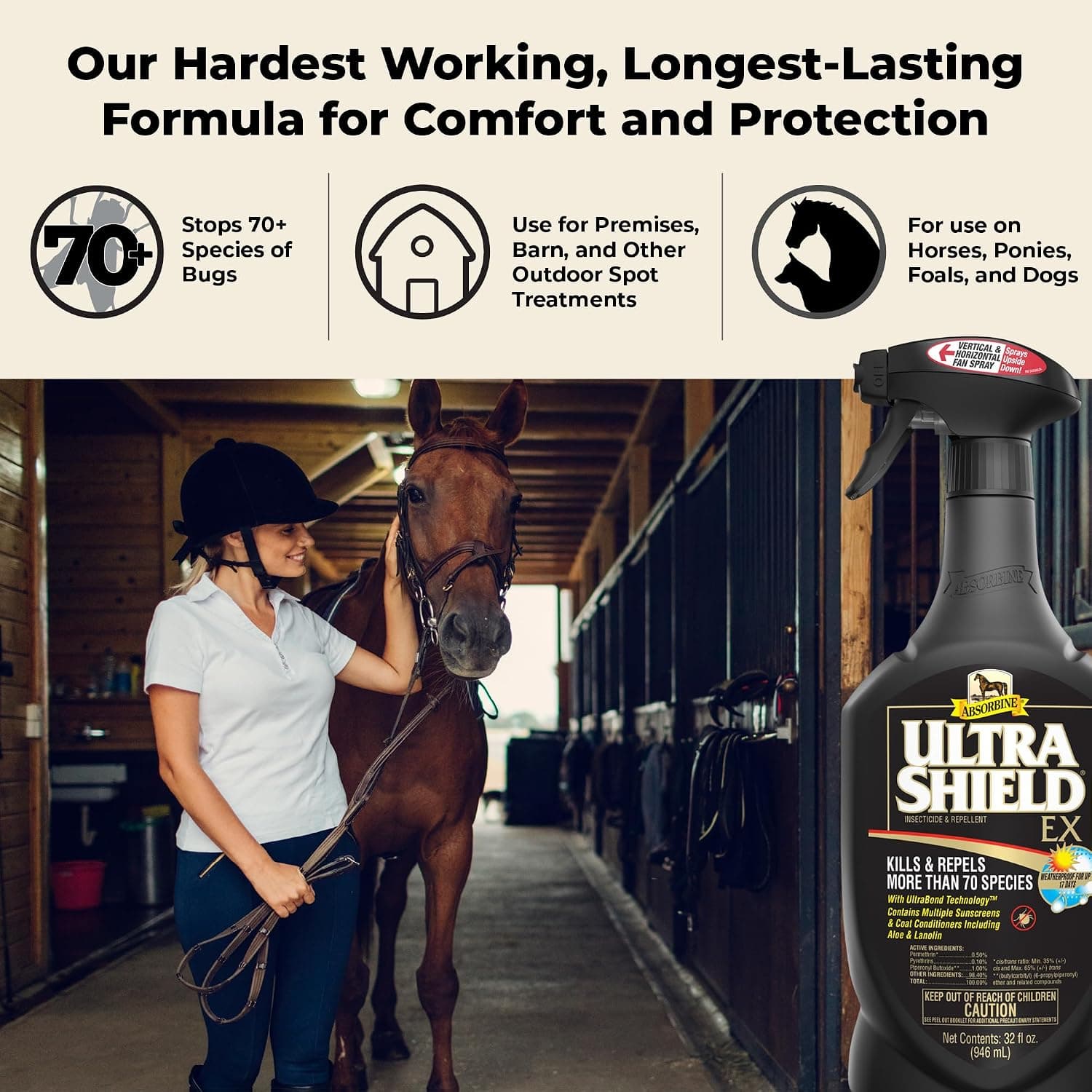 Absorbine UltraShield EX Insecticide & Repellent, 32 fl oz Sprayer | Use on Horses, Dogs & Premise, Kills & Repels 70+ Species Including Flies, Mosquitoes, Ticks, Fleas, Lice, Up to 17 Days