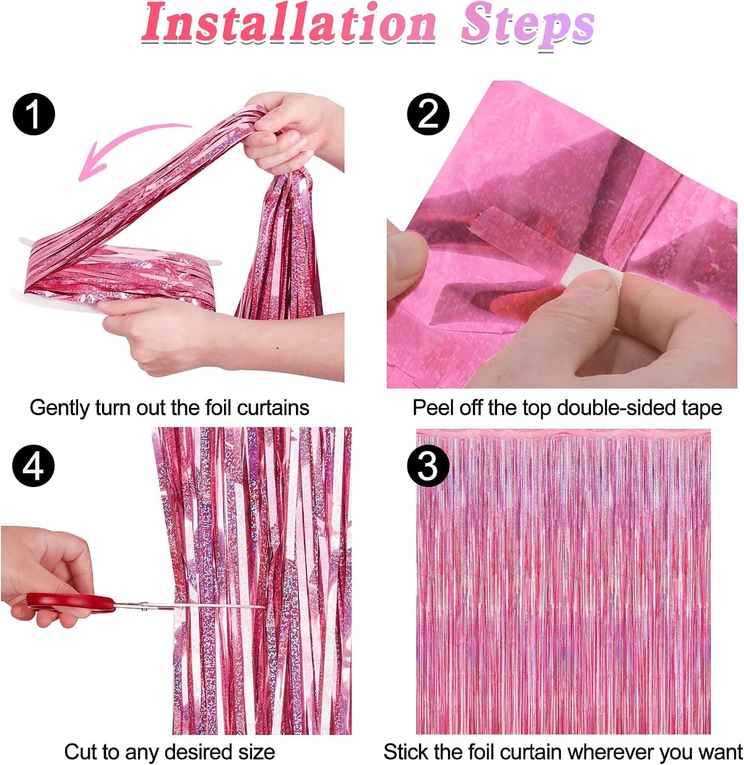 2 Pack Glitter Pink Backdrop, 3.28 FT x 7.05 FT Birthday Party Decorations, Laser Pink Fringe Curtains Foil Streamer Tinsel, Pink Curtains Photo Backdrop Happy Birthday Valentines Day Backdrop