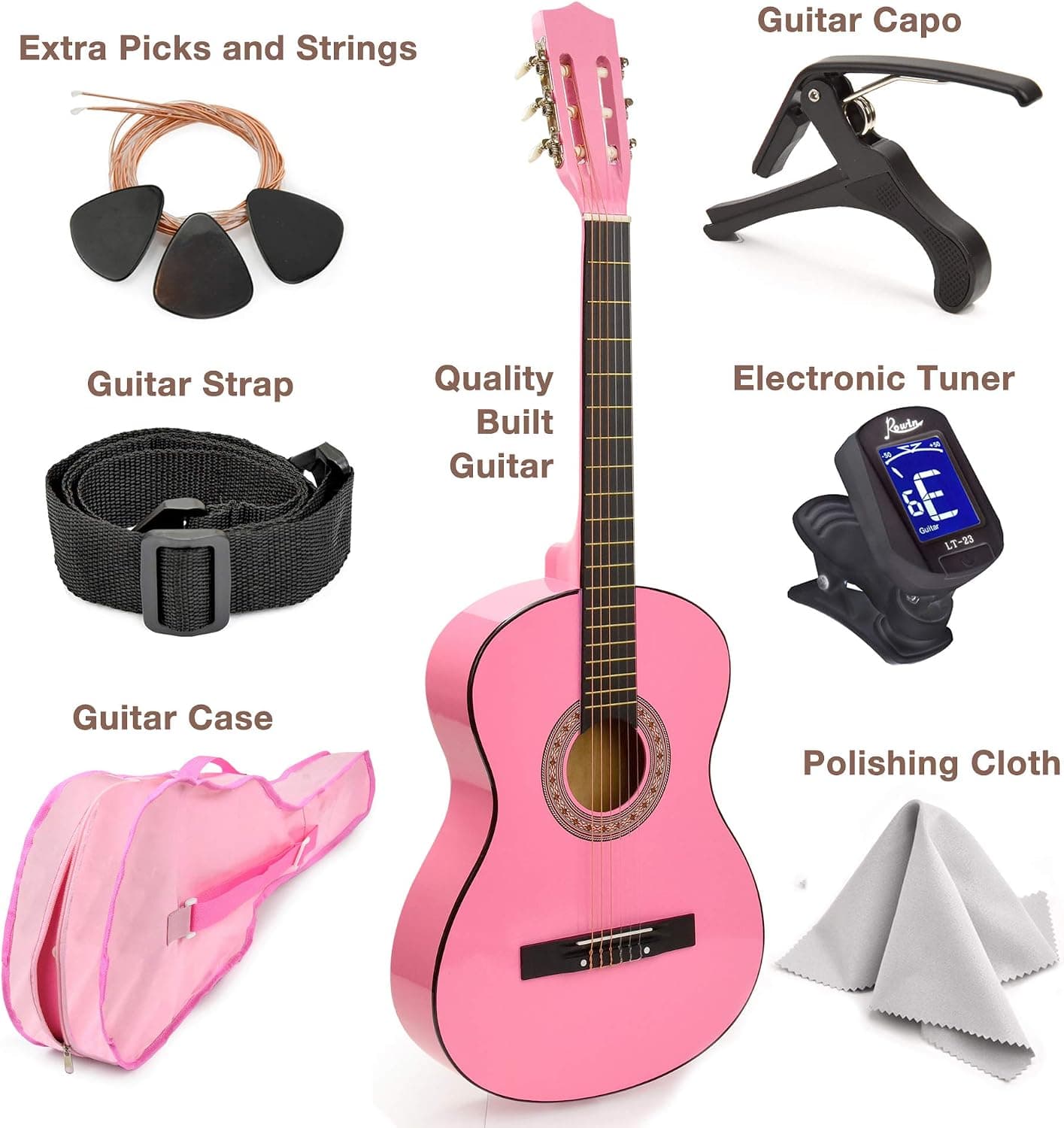 MasterPlay Kids Guitar, 30” Beginner Classical Wood Guitar For Learners, With starter kit, Bag, Strap, Tuner, Pick, Extra String, Cleaning cloth, Christmas, Birthday Gift for Girls Ages 5-12, Pink