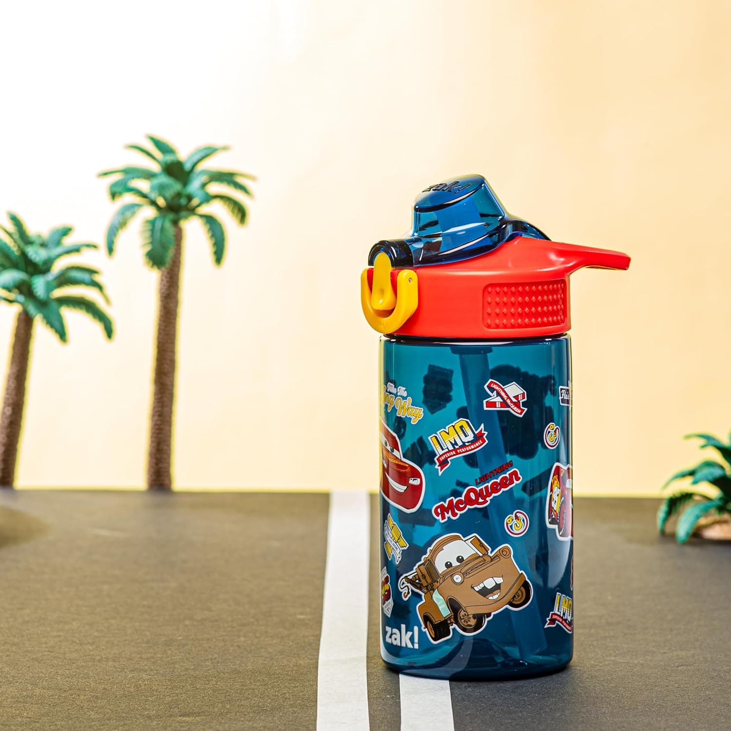 Zak Designs Disney Pixar Cars Sage 16oz Leak-Proof Straw Kids Water Bottle | BPA Free, Durable Plastic, Cupholder Friendly, Dishwasher Safe, Easy to Clean, Lid Lock, Handle, For School, Home, Travel