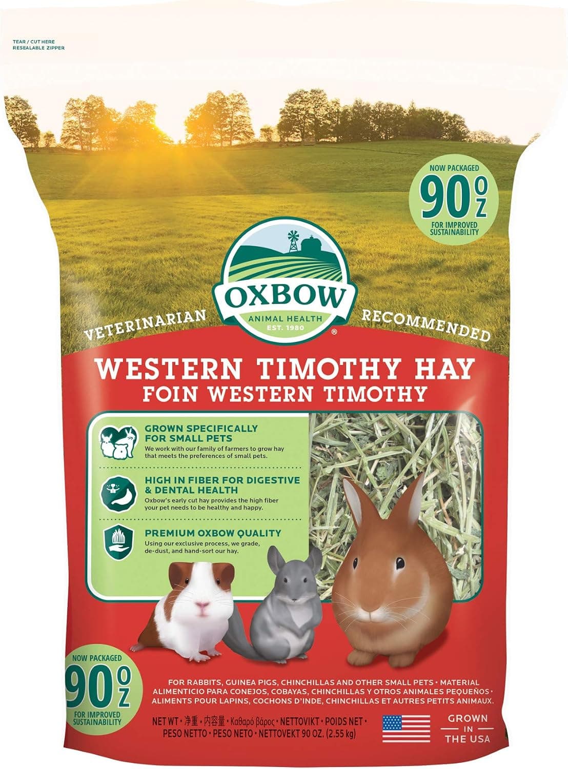 Oxbow Western Timothy Hay, Rabbit & Guinea Pig Hay, High Fiber, USA, 90 oz | Oxbow Timothy Hay, Bunny Hay For Rabbits, Guinea Pigs, Bunnies and Chinchillas, Hand-Sorted, De-Dusted, Made in USA