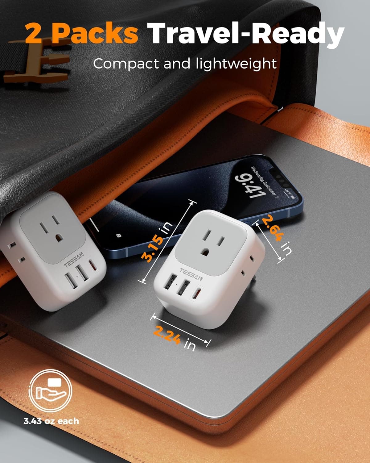 TESSAN 2 Pack European Travel Plug Adapter, Europe Power Converter | 4 Outlets 3 USB (1 USB C PD 20W), Type C International Plug, For Italy Spain France Portugal Iceland Germany