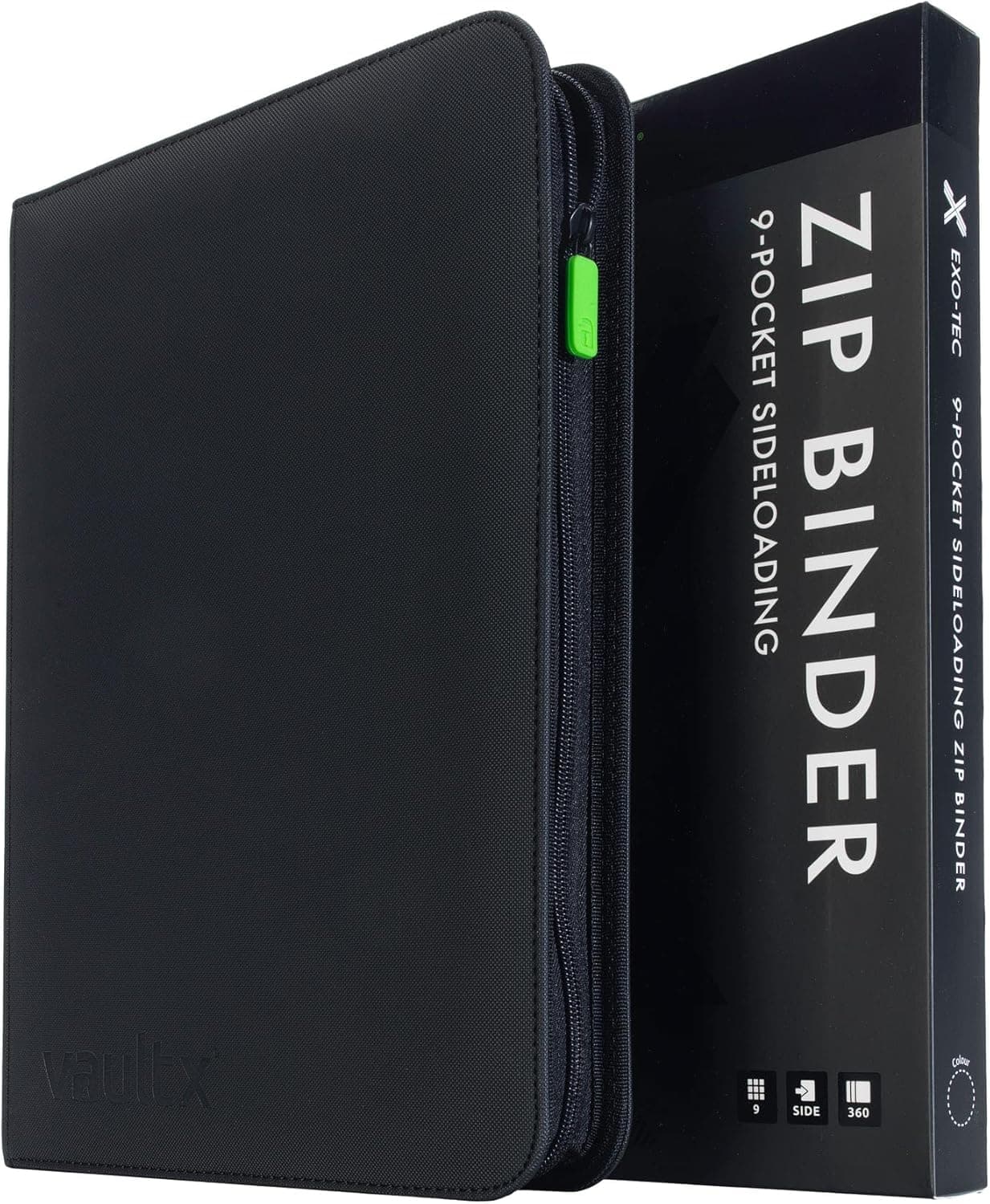 Vault X 9 Pocket Zip Trading Card Binder 360 Cards Exo-Tec (Black) | Holds 360 standard-size TCG cards in 20 side-loading 9-pocket pages. Padded, water-resistant Exo-Tec cover.