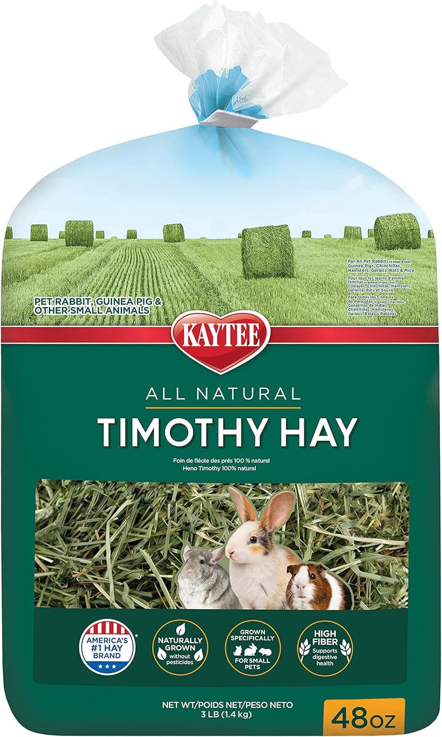 Kaytee Timothy Hay, High Fiber for Rabbits, Guinea Pigs, 48 Ounces | Supports digestive health. Hand-selected rabbit hay. Guinea pig hay, chinchilla hay, pesticide free