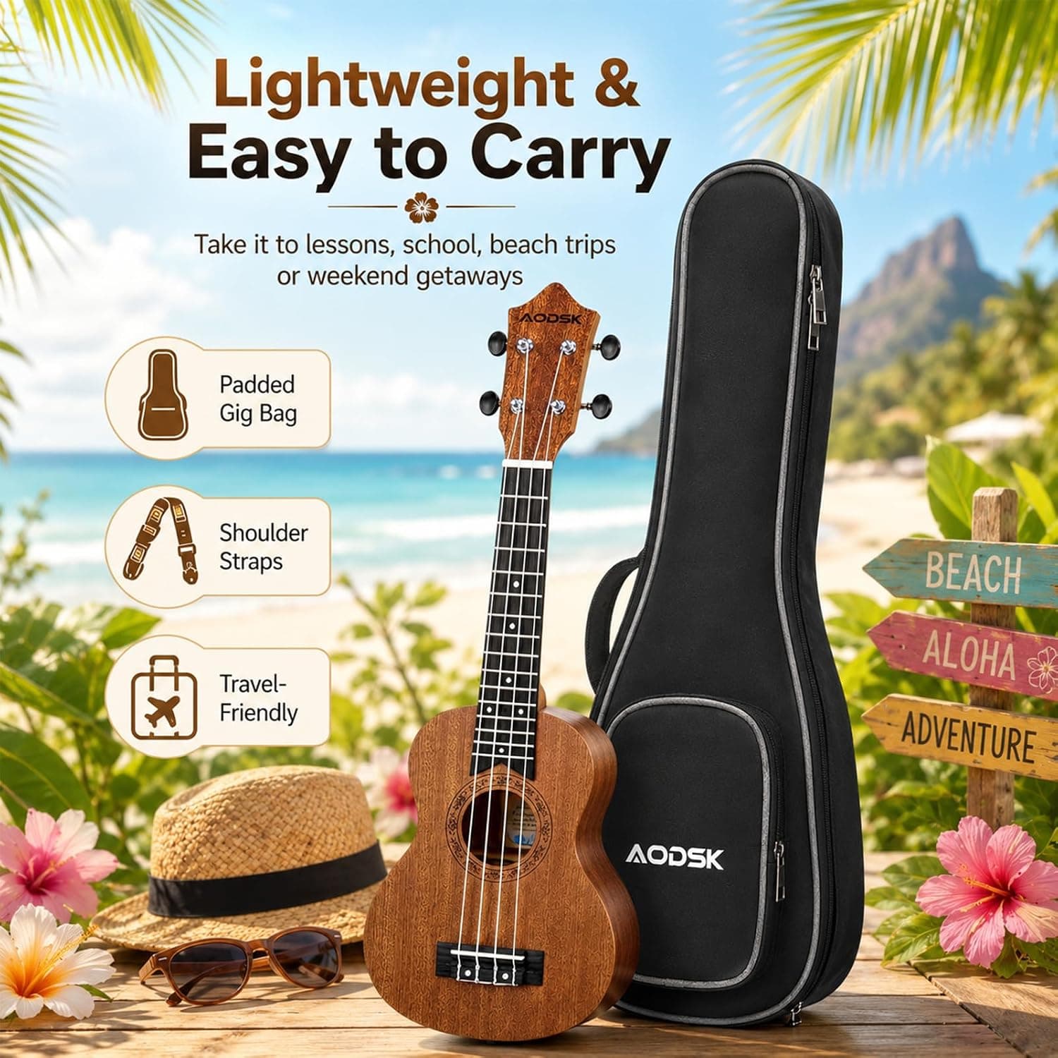 AODSK Soprano Ukulele for Beginner 21 Inch Ukelele Kit with Gig Bag StrapTuner Nylon String 4 Picks Cloth Online Lesson Holiday Gift