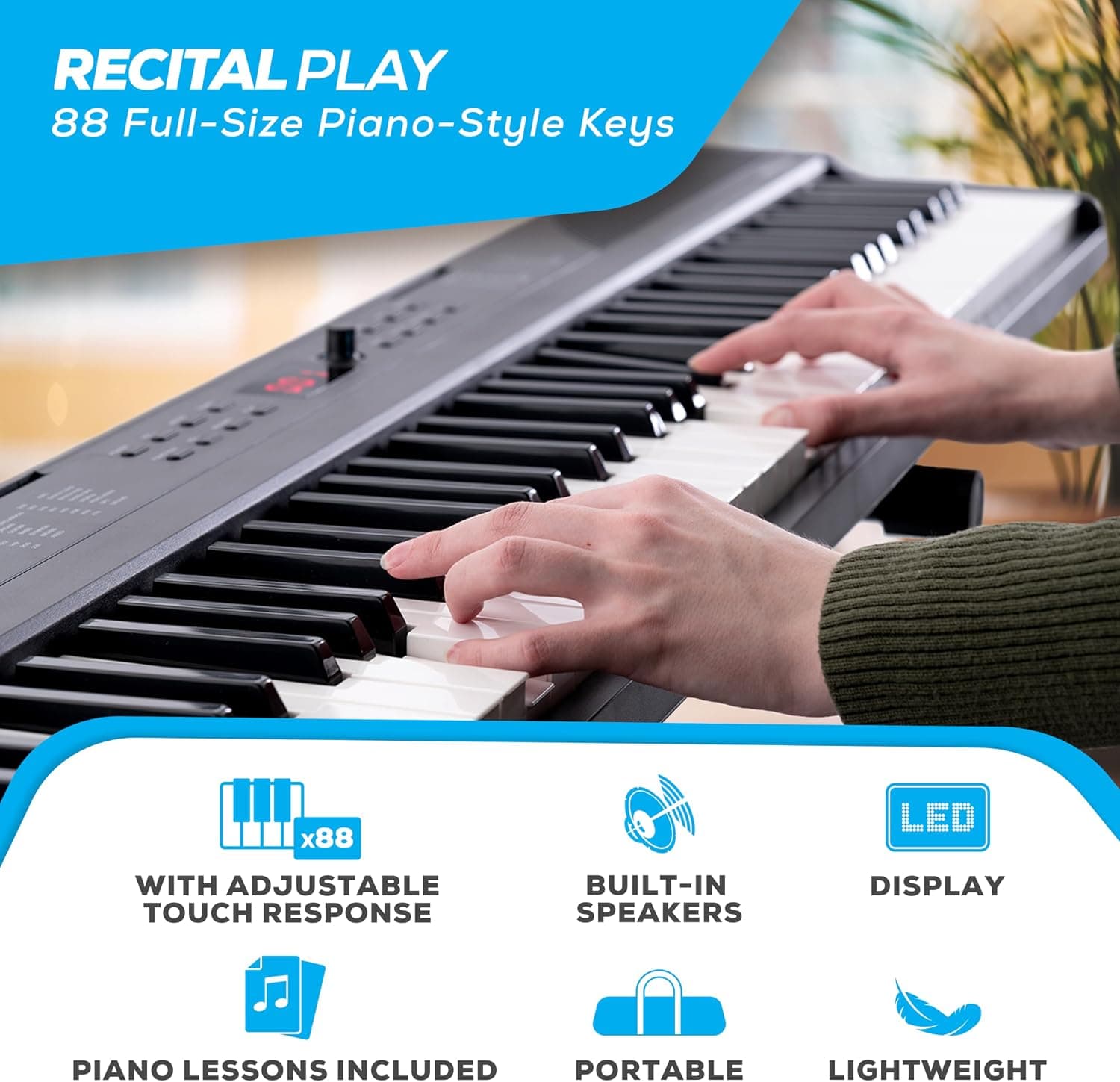 Alesis Recital Play 88-Key Piano Keyboard Bundle | Portable, 480 Voices, Split/Layer Modes, Includes Lessons, Stand, Sustain Pedal, Headphones, Carry Bag, for Beginners